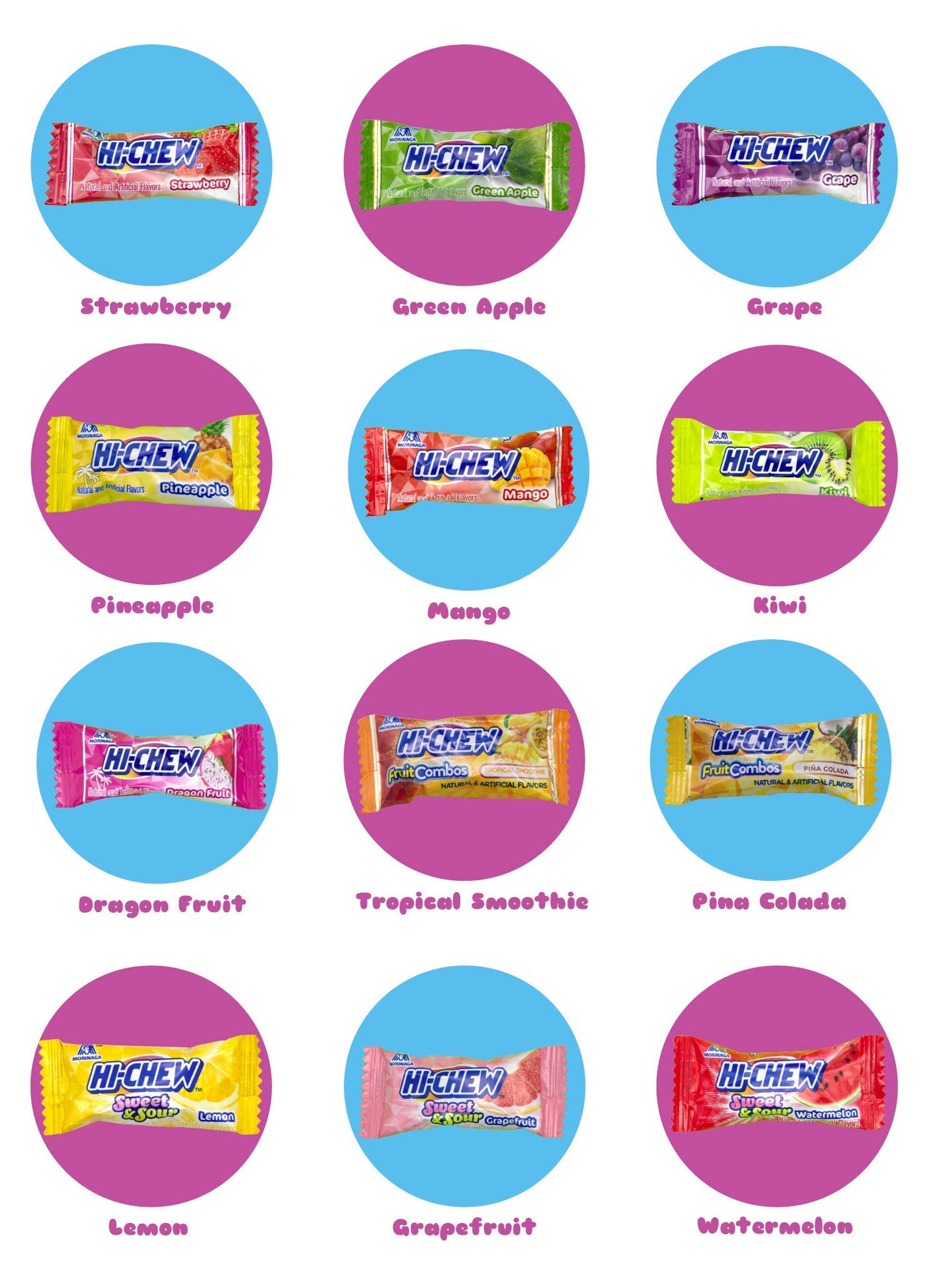 Hi Chew 12 Flavors, Bulk 330+ Pieces, 4 Pound (Strawberry, Mango, Green Apple, Grape, Pineapple, Kiwi, Dragon Fruit, Grapefruit,