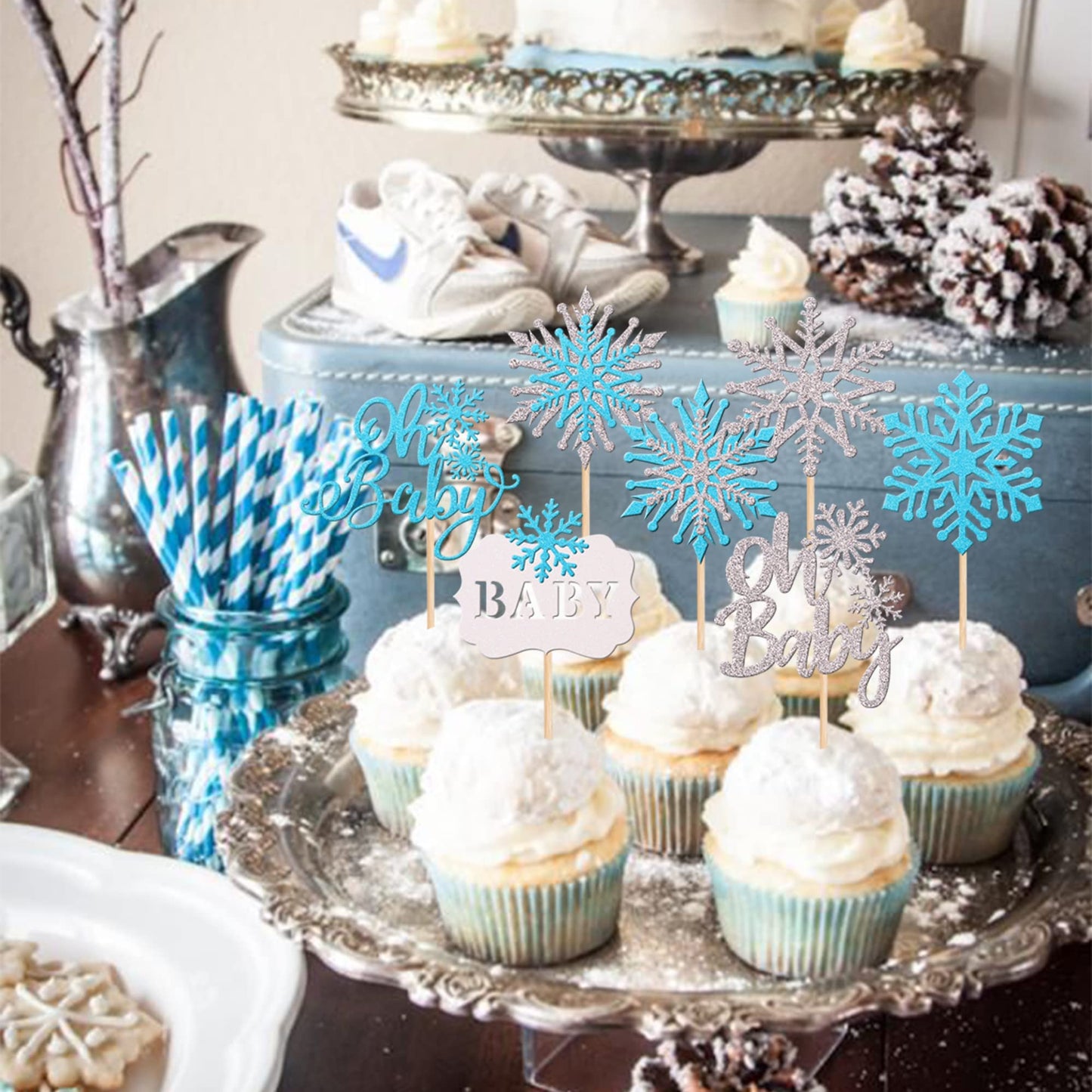 28 PCS Snowflake Oh Baby Cupcake Toppers Glitter Winter Frozen Theme Baby Snowflake Cupcake Picks for Winter Wonderland Gender R