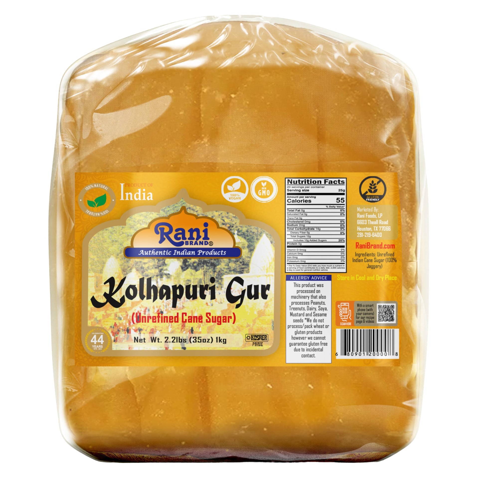 Rani Kolhapuri Gur (Jaggery) 35oz (2.2bs) 1kg ~ Unrefined Cane Sugar, No Color added, Gluten Friendly | Vegan | NON-GMO | Kosher