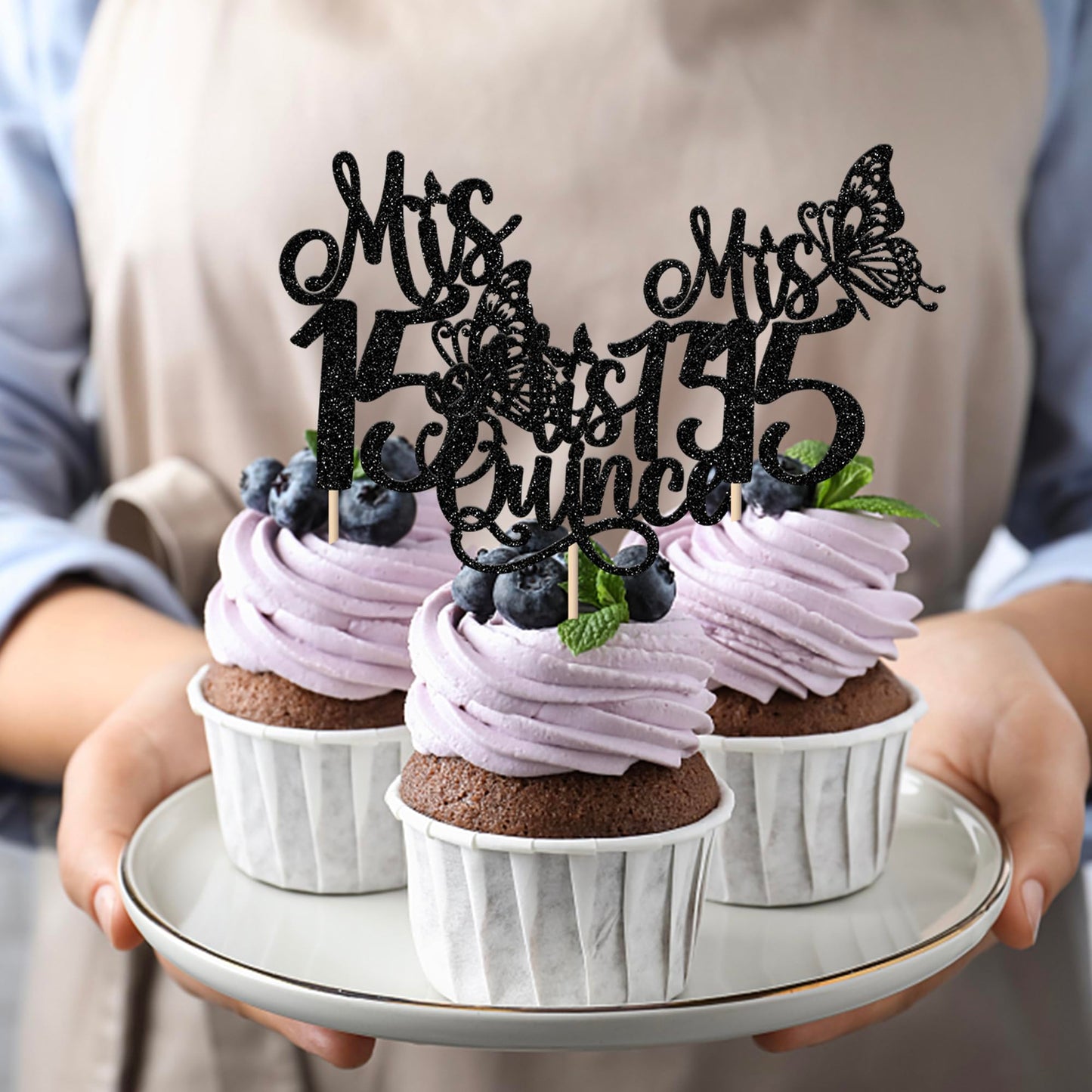 Rssta i Cupcake Toppers, 24 Pack, Glitter, Black, 15th Birthday Decorations