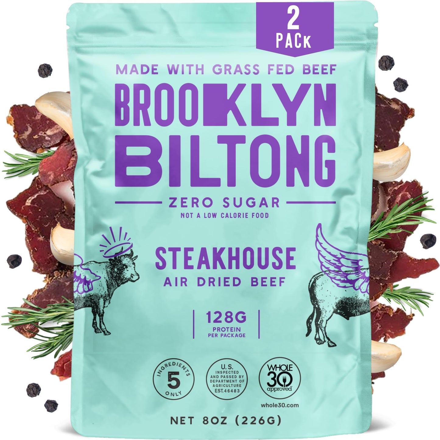 Brooklyn Biltong Air Dried Grass Fed Beef Snack, South African Beef Jerky (8 Oz, Pack Of 2) - Whole30 Approved, Paleo, Keto, Glu