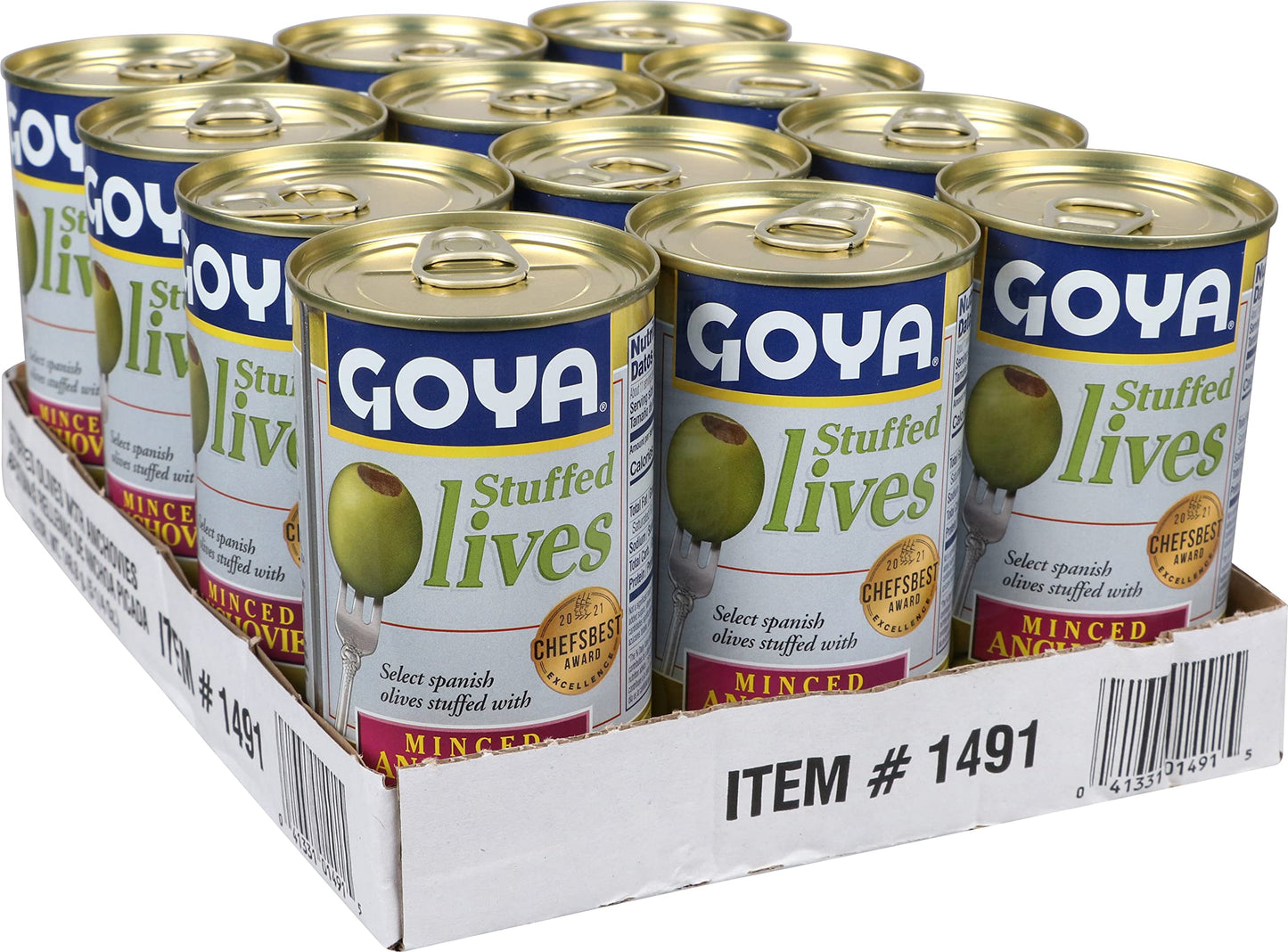 Goya Foods Manzanilla Olives Stuffed with Anchovies, 5.25 oz, Pack of 12