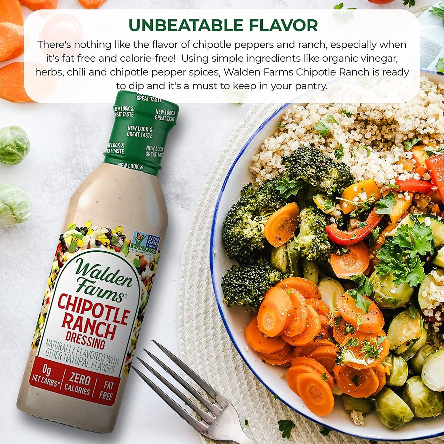 Walden Farms Chipotle Ranch Dressing 12 Oz. Bottle | Fresh & Delicious Salad Topping | 0G Net Carbs Condiment | Kosher Certified