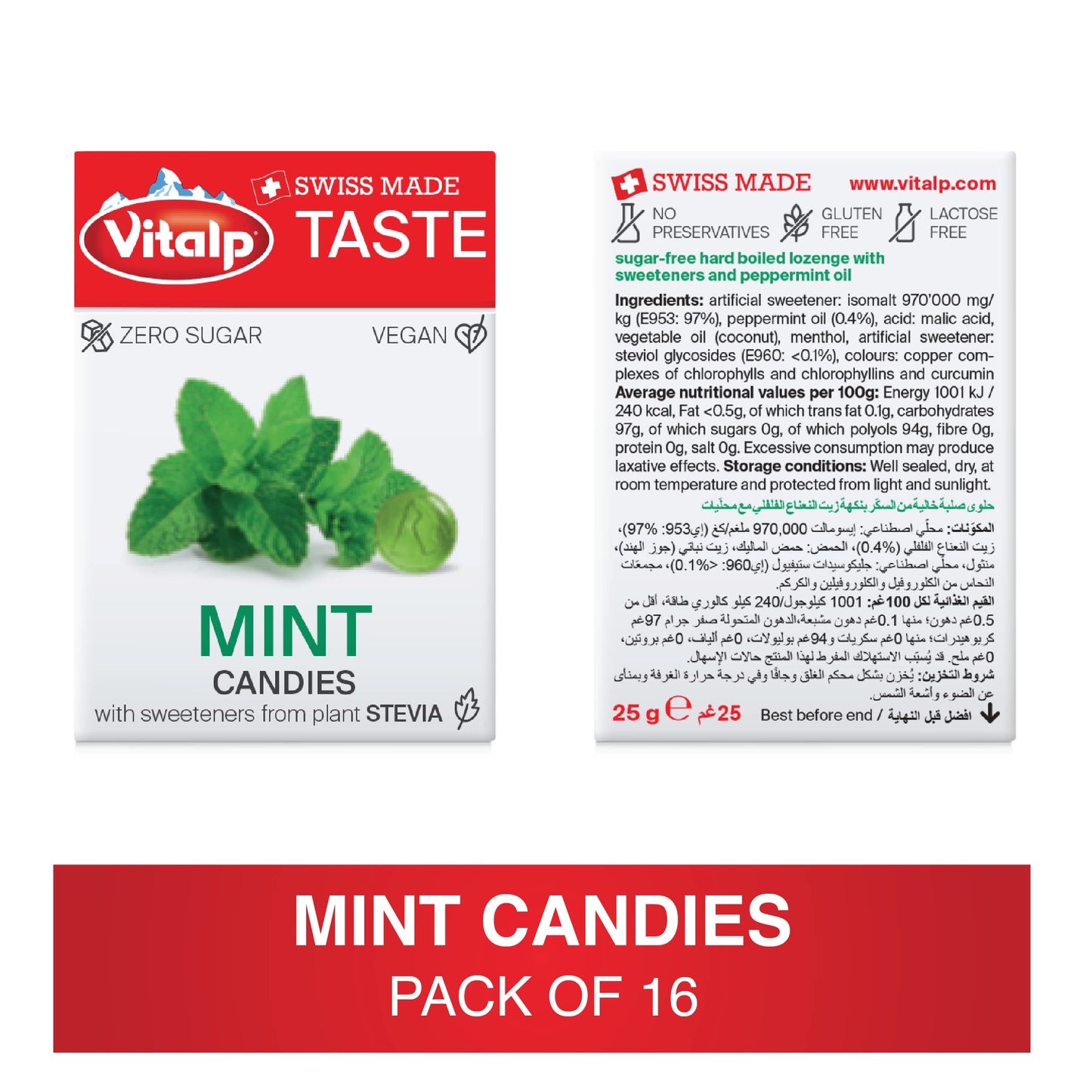 Vitalp Taste, Swiss Made, Sugar Free Candy With Stevia, Vegan, Mint Flavor, 25G/0.88 Ounce Packs, 16 Boxes