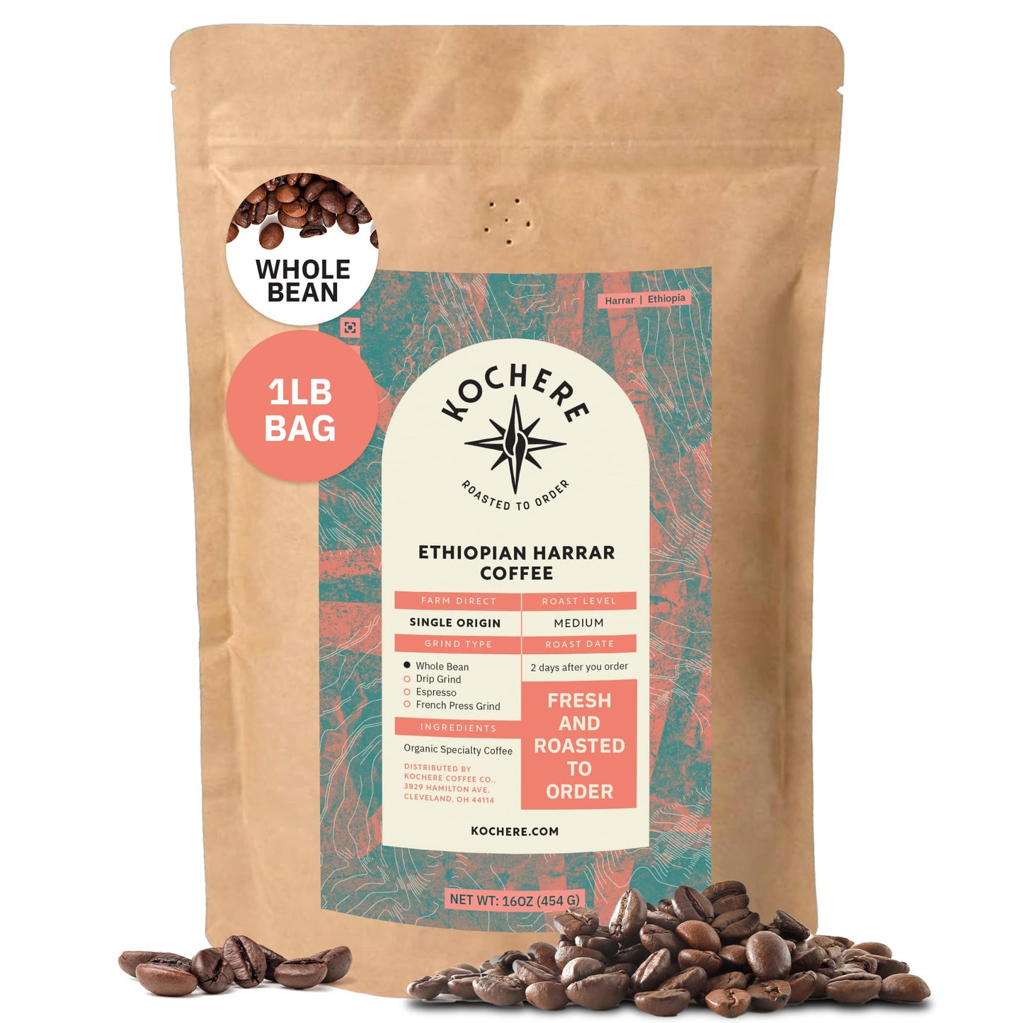 Kochere Ethiopian Harrar Whole Bean Coffee - 1Lb Medium Roast - Fresh Roasted To Order - Single Oriflavor Blend  Farm Direct  Rich Flavored Coffee Beans - Chocolate & Fruity Notes