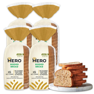 Hero Seeded Bread — Delicious Bread With 1G Net Carb, 0G Sugar, 60 Calories, 12G Fiber Per Slice | Tastes Like Regular Bread | Low Carb & Keto Friendly Bread Loaf —15 Slices/Loaf, 4 Loaves