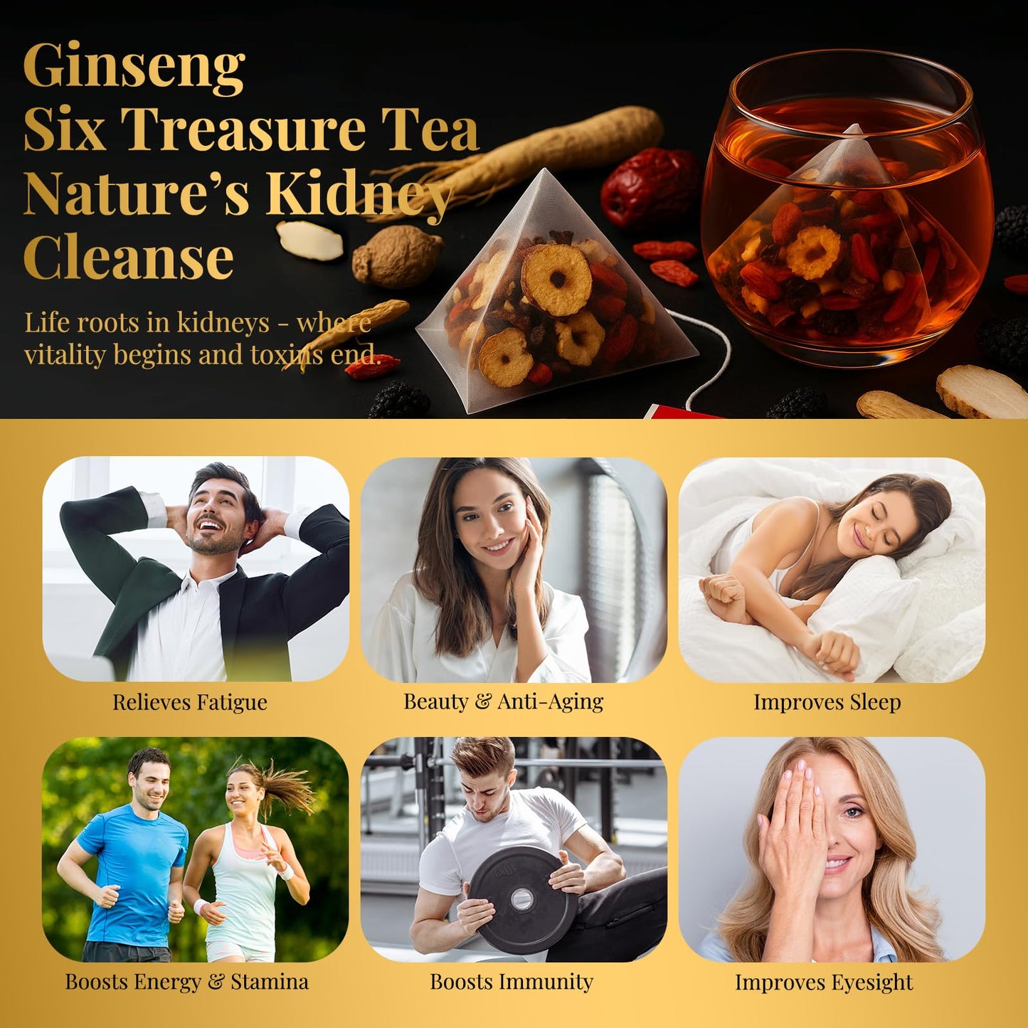 Ginseng Six Treasure Tea - Traditional Kidney Tea for Men & Women, Natural Herbal Formula Bags with 6 Precious Ingredients, Gift