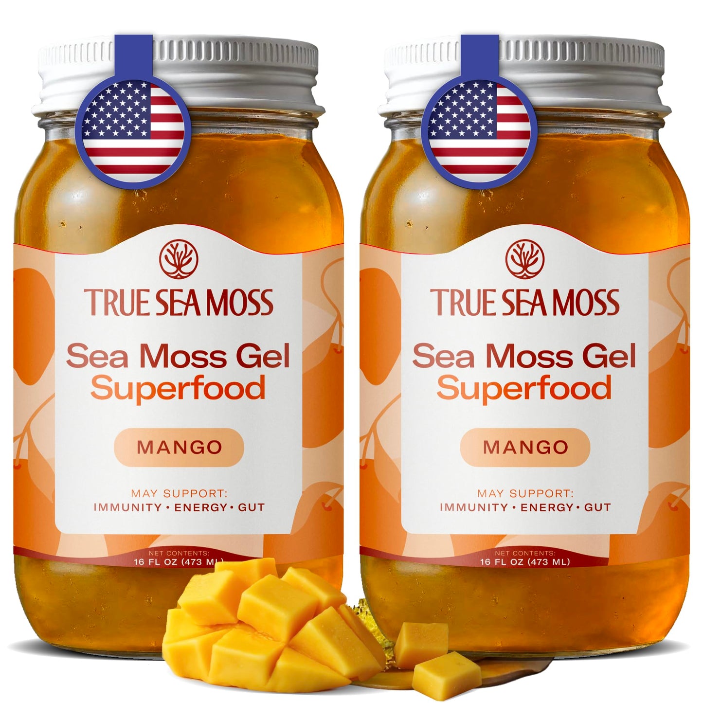 TrueSeaMoss Sea Moss Gel - Made in USA - Wildcrafted Seamoss, Fruits & Jarred Vegetables - Mango, Pack of 2 (Labels may Vary)