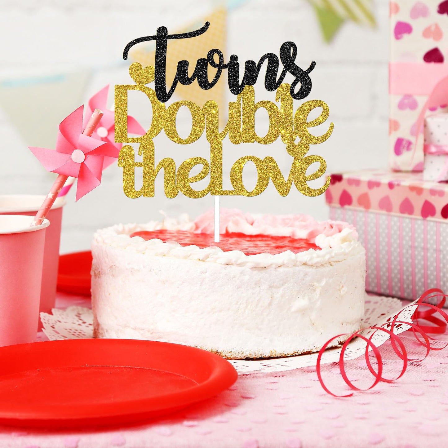 Talorine Twins Double The Love Cake Topper, Gold Black Glitter, Cardboard