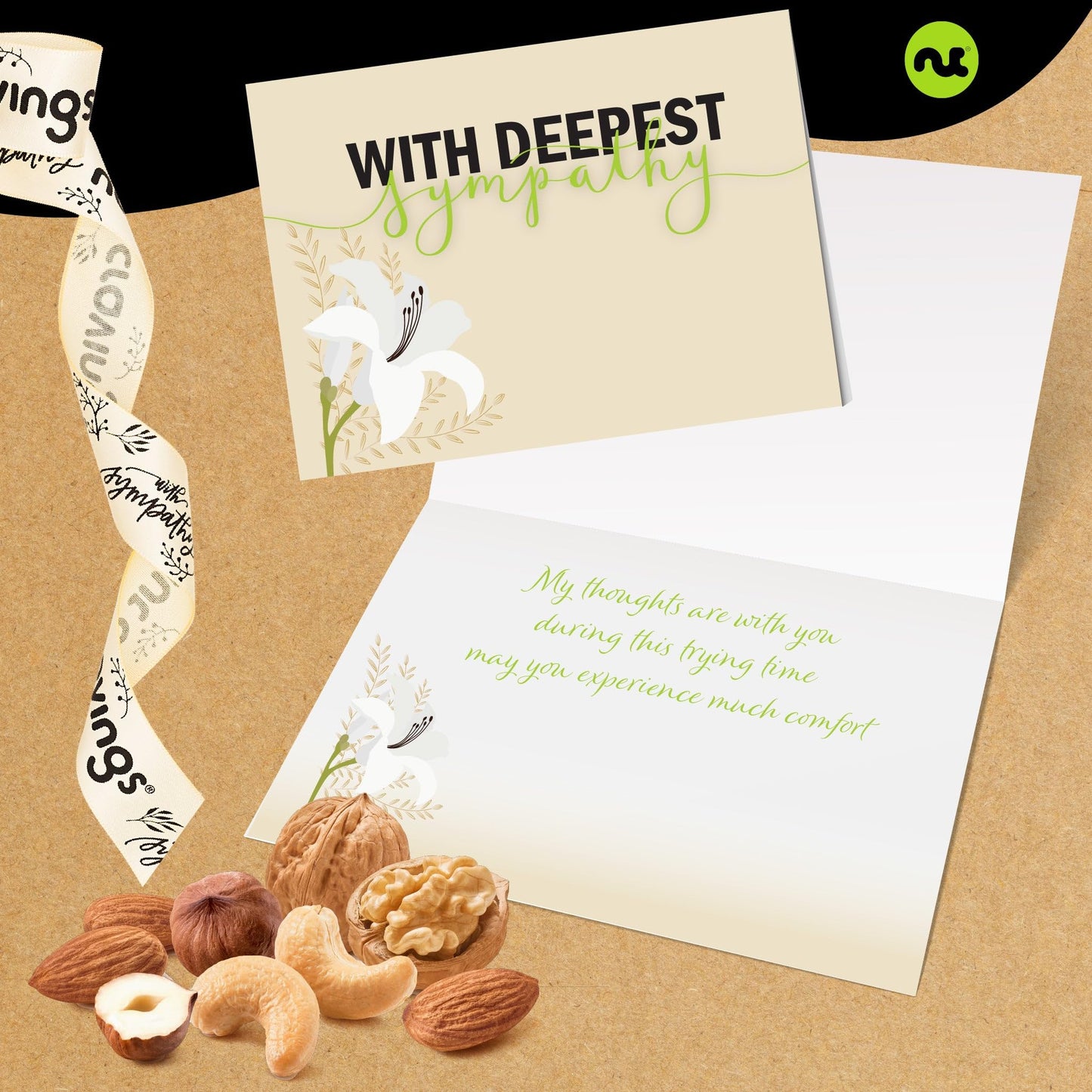 Sympathy Nuts Gift Basket With Sympathy Ribbon + Greeting Card (7 Assortments) Gourmet Food Bouquet Platter, Condolence Care Pac