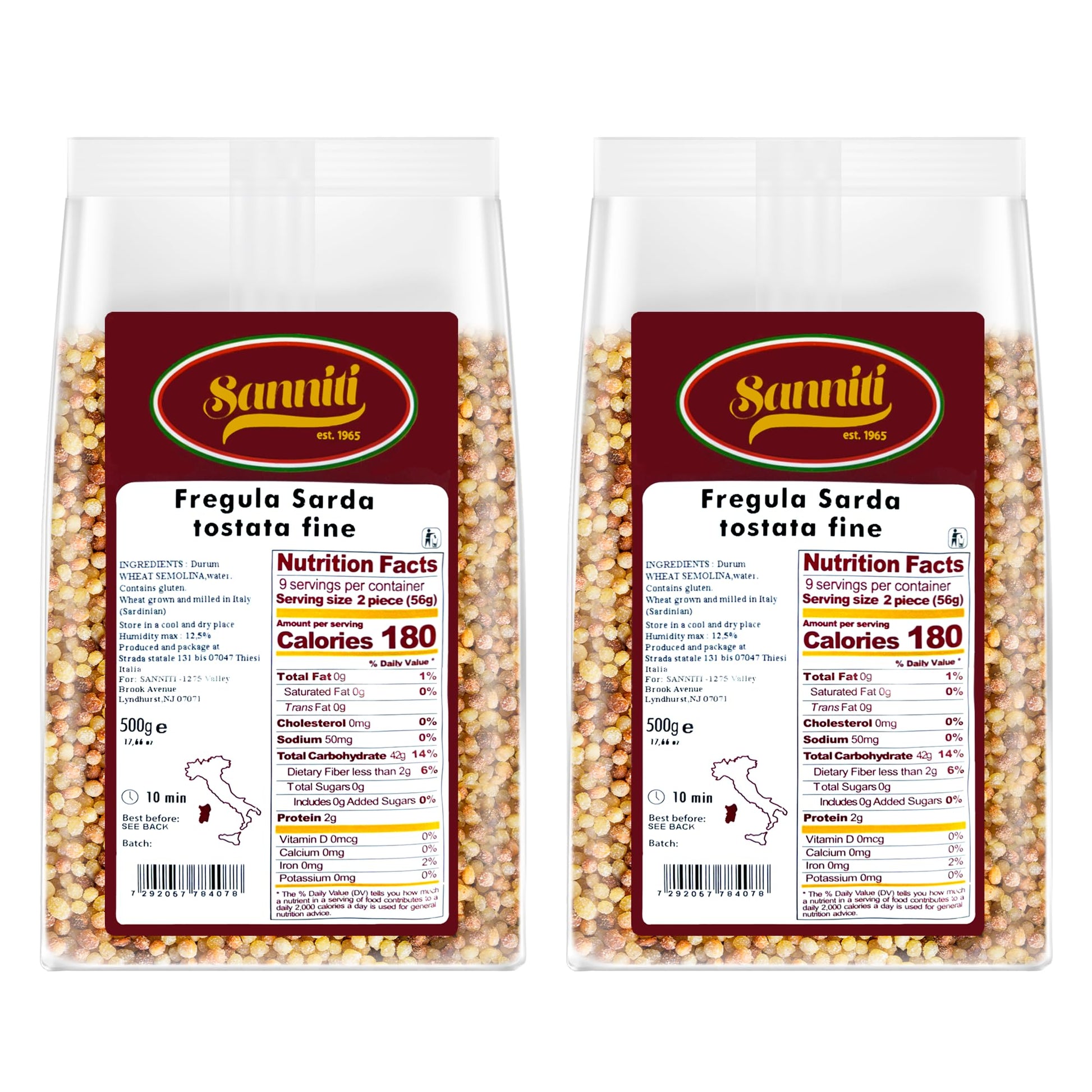 Sanniti Toasted Fregola Sarda FIne Semolina Pasta Fregula Tostata Fina, 17.6 oz (Pack of 2)