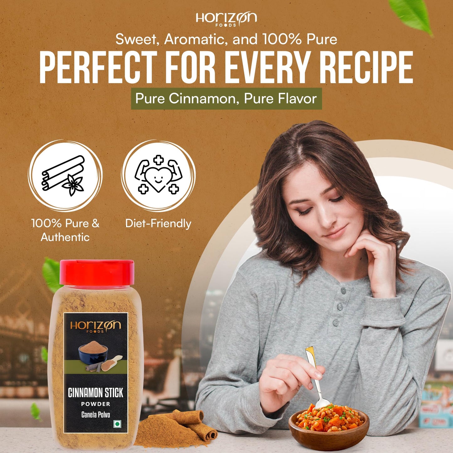Horizon Foods Enhanced Ground Cinnamon Powder - 100 Grams Freshly Ground Cinnamon Sticks For Baking, Cooking & Seasonings - Ideal For Cinnamon Rolls, Mediterranean Food Recipes & Spices Gift Sets