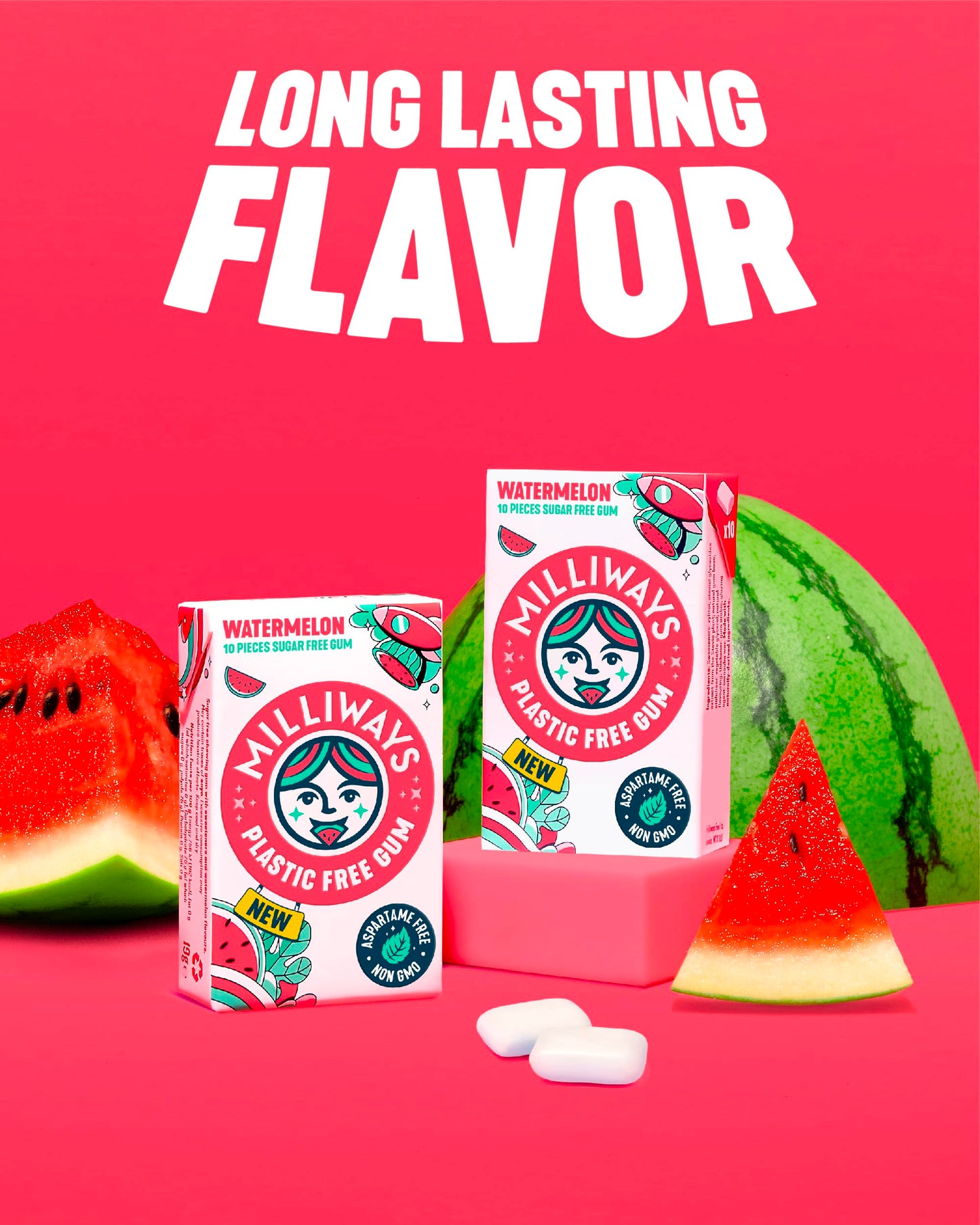 Milliways Watermelon | Plastic Free Gum | Xylitol, Aspartame-Free, Sugar-Free, Plant-Based, Natural Chewing Gum | 40 Pieces Tota