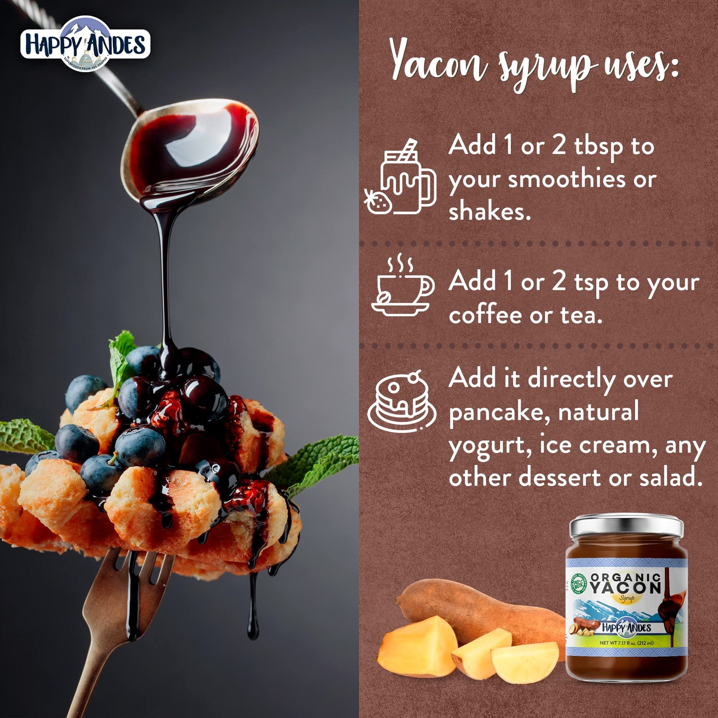 Happy Andes Organic Yacon Syrup oz. 100 Vegan Raw LowCalorie Peruvian Sweetener Sugar Substitute for Blood Glucose Control Healt