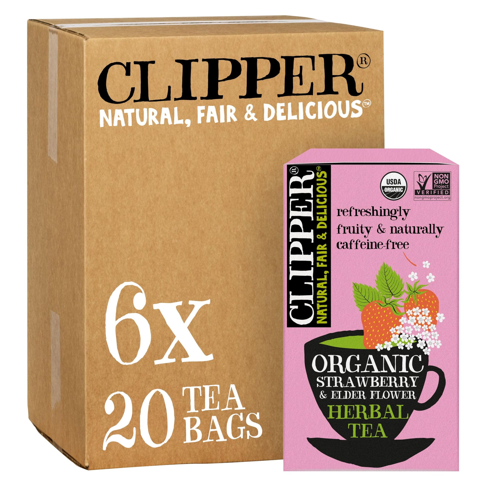 Clipper Organic Strawberry & Elder Flower Tea - USDA Organic, Non-GMO, Caffeine Free, 120 Unbleached Tea Bags, 20 Count (Pack of 6)