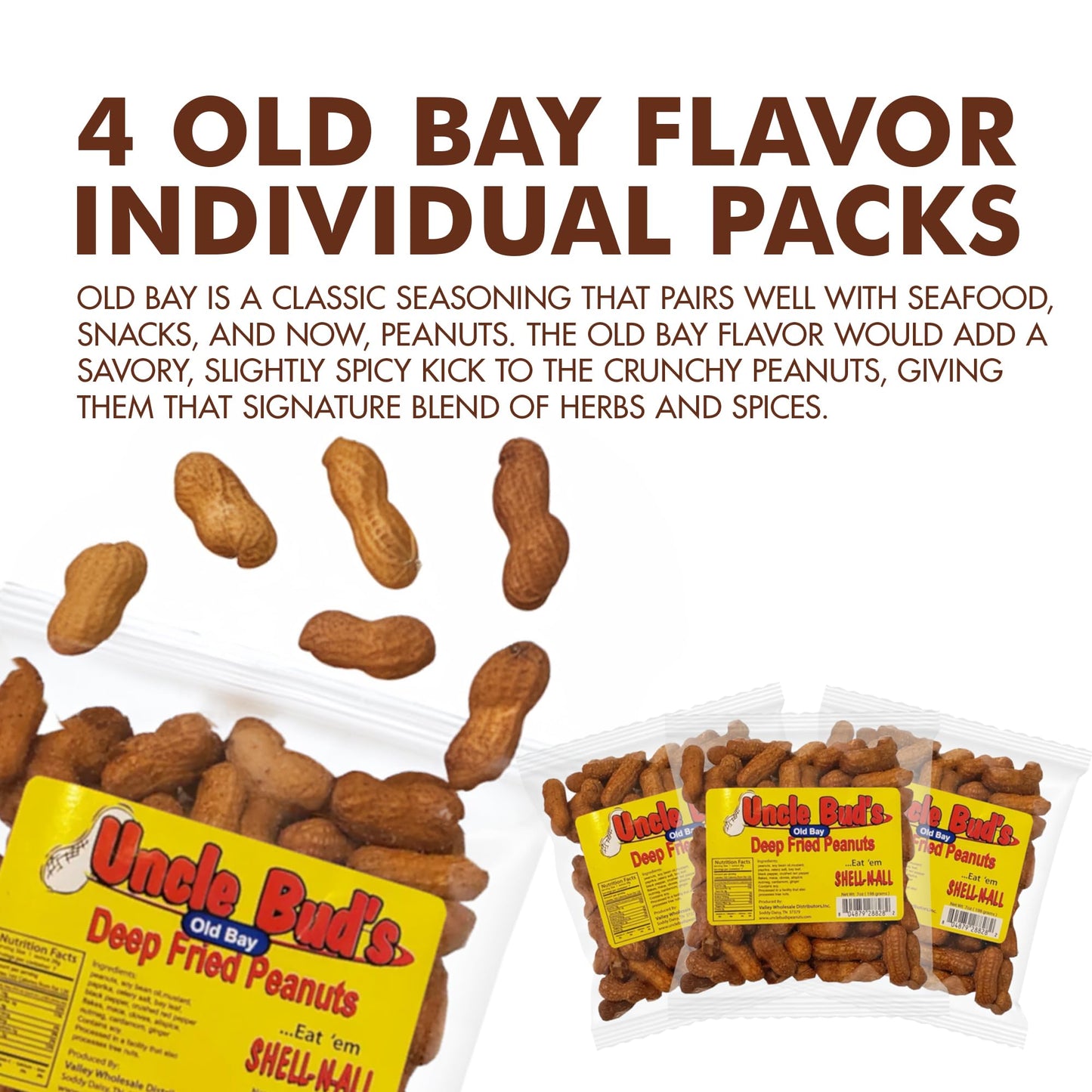 Uncle Bud'S Deep Fried Peanuts In Shell (4-Pack) | Old Bay Seasoning Peanuts, Peanuts Individual Packs, Spicy Peanuts, Nuts Indi