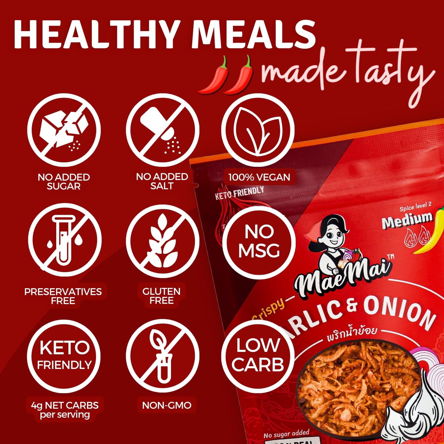 Maemai Medium Spice (Spicy) - Crispy Onions & Garlic Flakes - Crunchy All-Purpose Seasoning, Keto, Salad Toppings, Fried Onions - Ramen, Rice Seasoning, Vegan, Gluten-Free | 3.17Oz (90G)