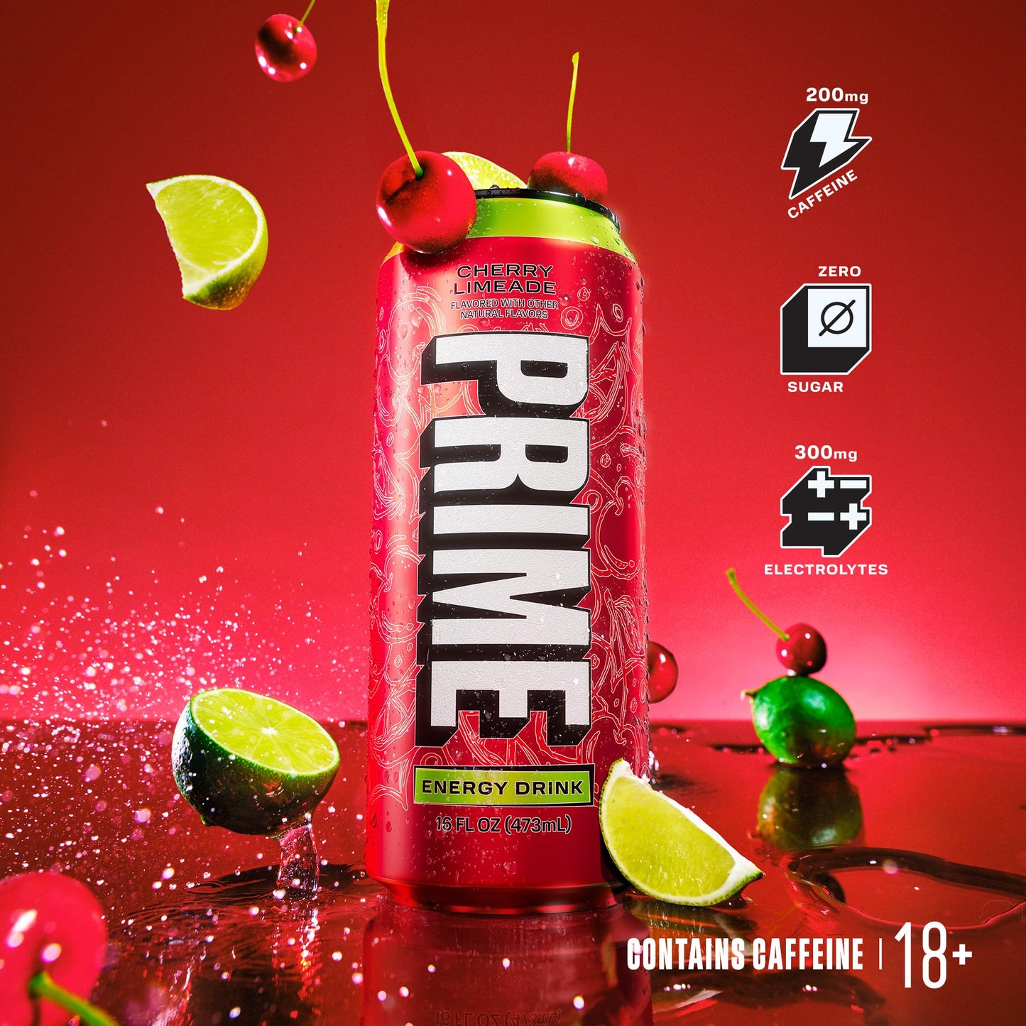 PRIME Energy Drink Cherry Limeade, Zero Sugar, 200mg Caffeine, 355mg Electrolytes, 16 Oz, Pack of 12, Vegan, Gluten Free