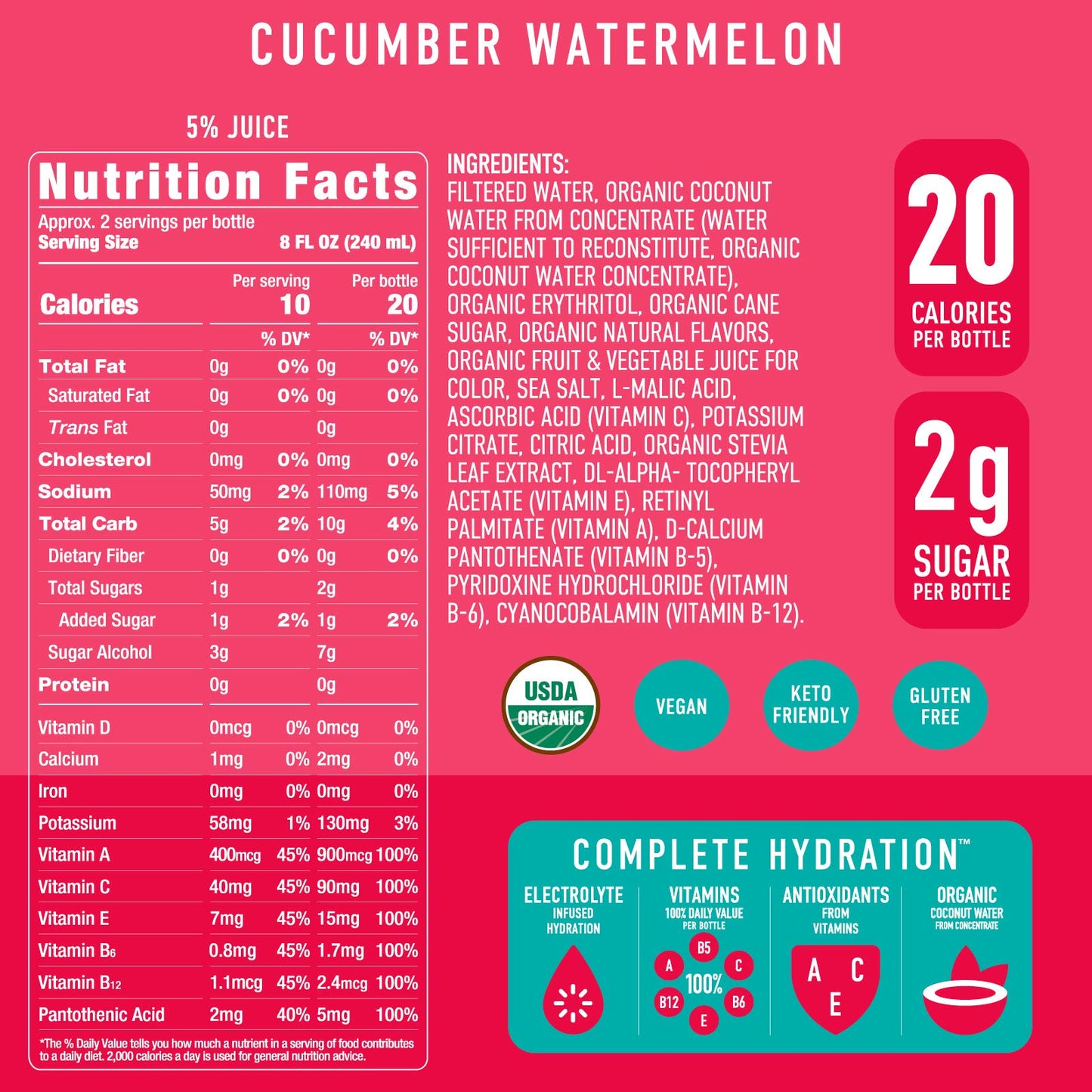 Roar Organic Electrolyte Infusions - Usda Organic - Cucumber Watermelon - With Antioxidants, B Vitamins, Low-Calorie, Low-Sugar, Low-Carb, Coconut Water Infused Beverage 18 Fl Oz (Pack Of 12)