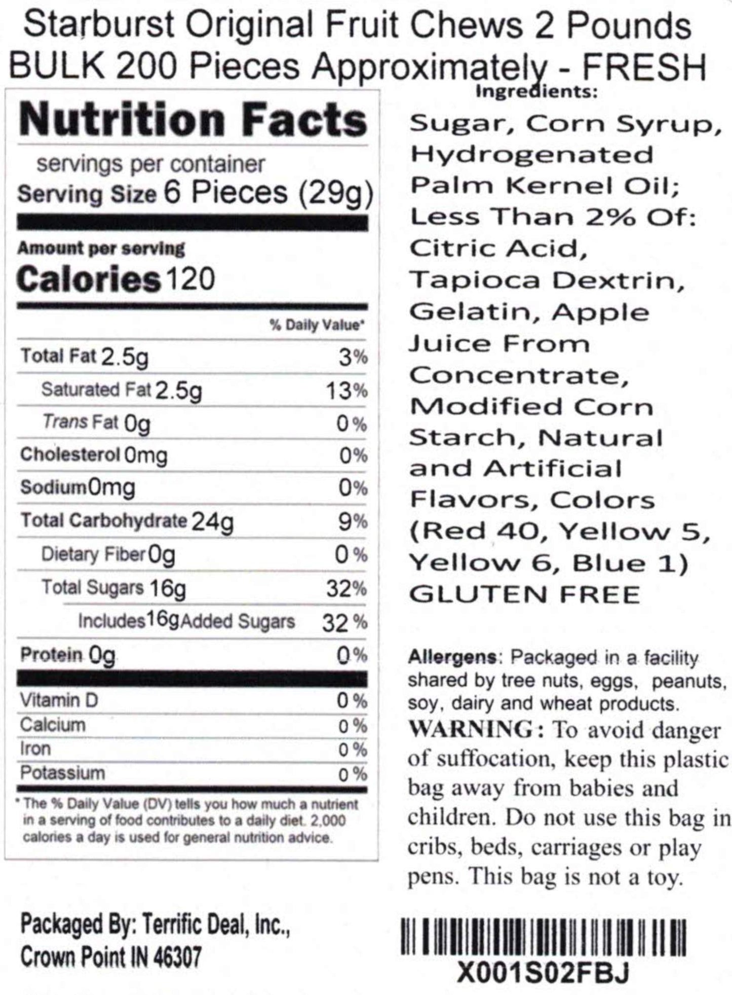 Starburst Original Fruit Chews Sugar Candy, 2.0 Pounds Bulk 200 Pieces Approximately