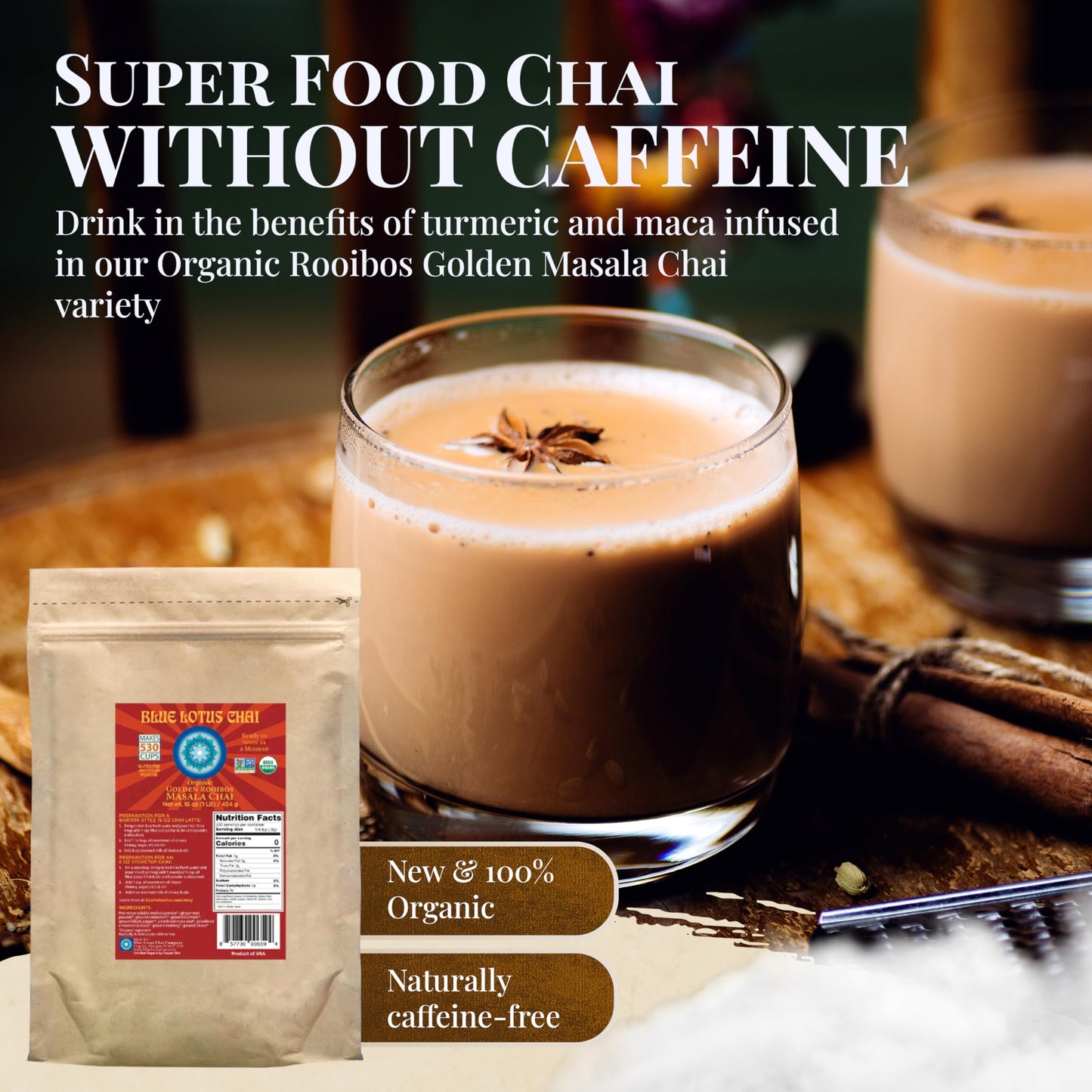 Blue Lotus Chai - Golden Rooibos Masala Chai - Makes 530 Cups - 1 Pound Bulk Bag Masala Spiced Chai Powder With Organic Spices -