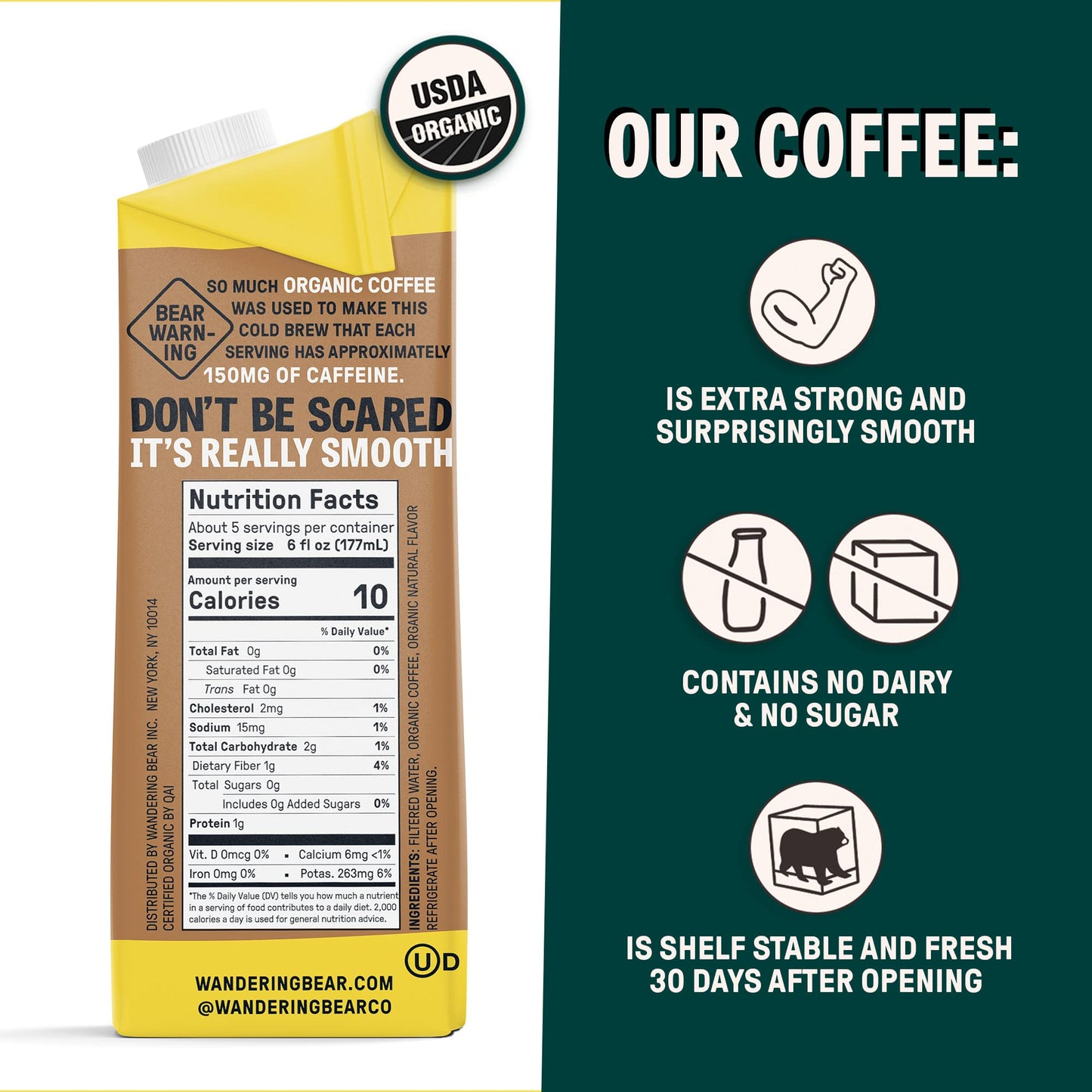 Wandering Bear Organic Caramel Cold Brew Coffee  32 fl oz  6 pack - Extra Strong  Bold  Smooth  Unsweetened  Shelf-Stable  Ready to Drink  Gluten Free  & Vegan  Iced Cold Brewed Coffee Drinks