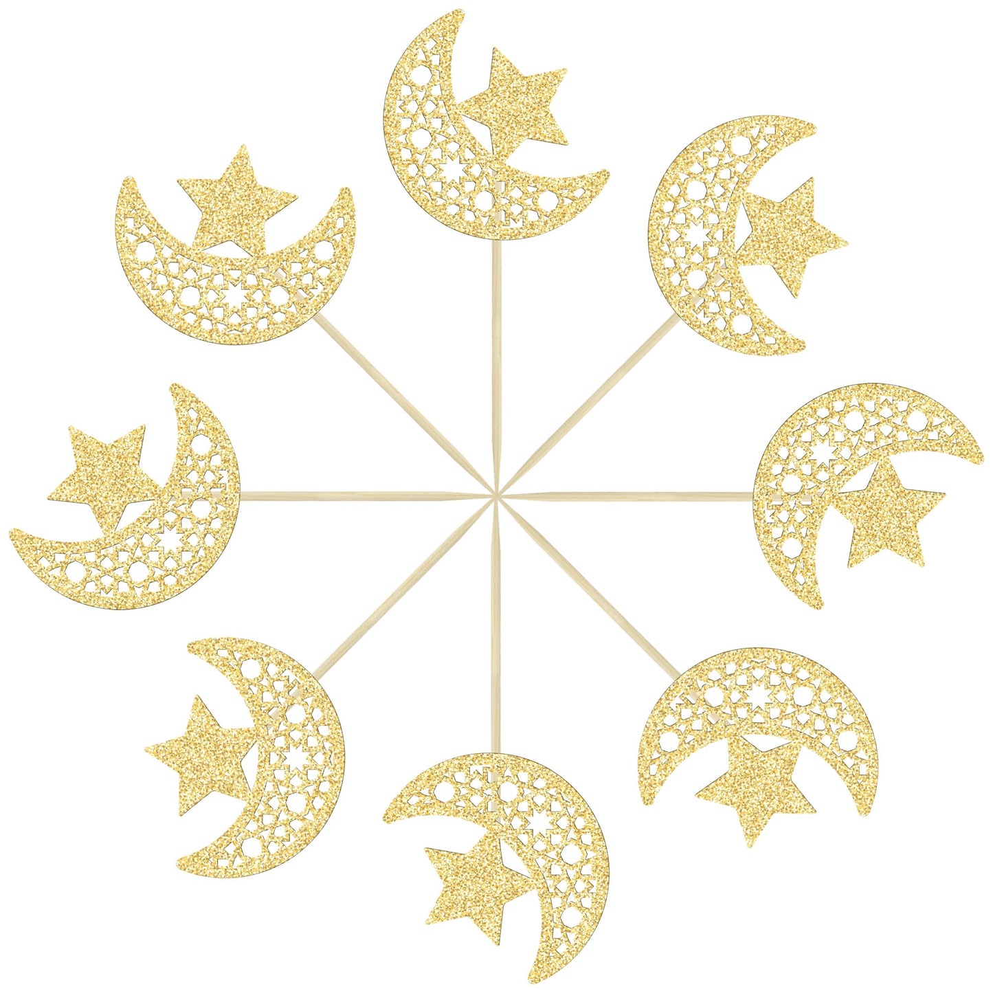 Gyufise Cupcake Toppers, 24Pcs Gold Glitter Moon Star, Eid Mubarak Decorations, Paper Picks for Islamic Muslim Theme Party
