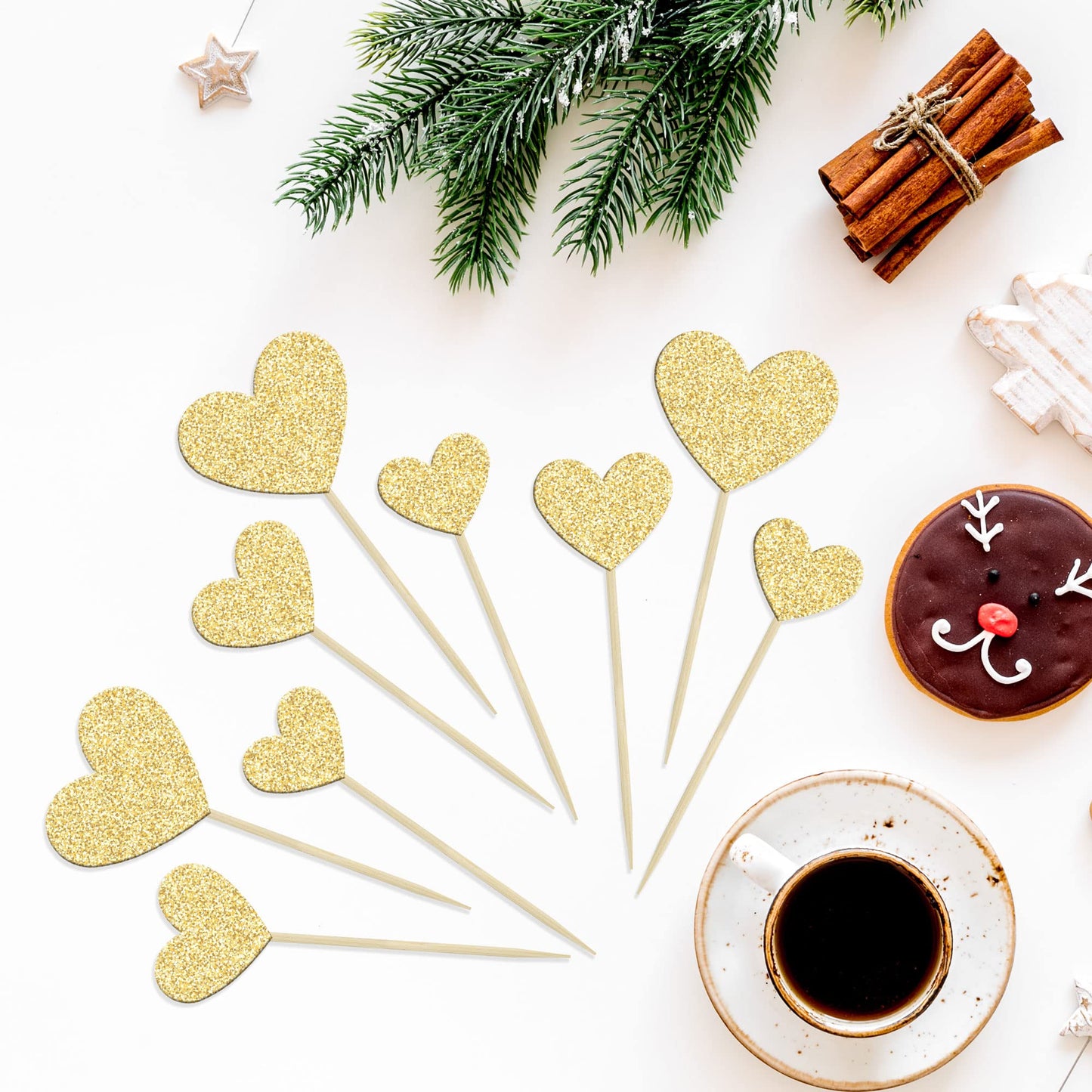 Gyufise 30Pcs Gold Glitter Heart Cupcake Toppers Sweet Love Theme Heart Cake Pick Decorations Wedding Engagement Bridal Shower B