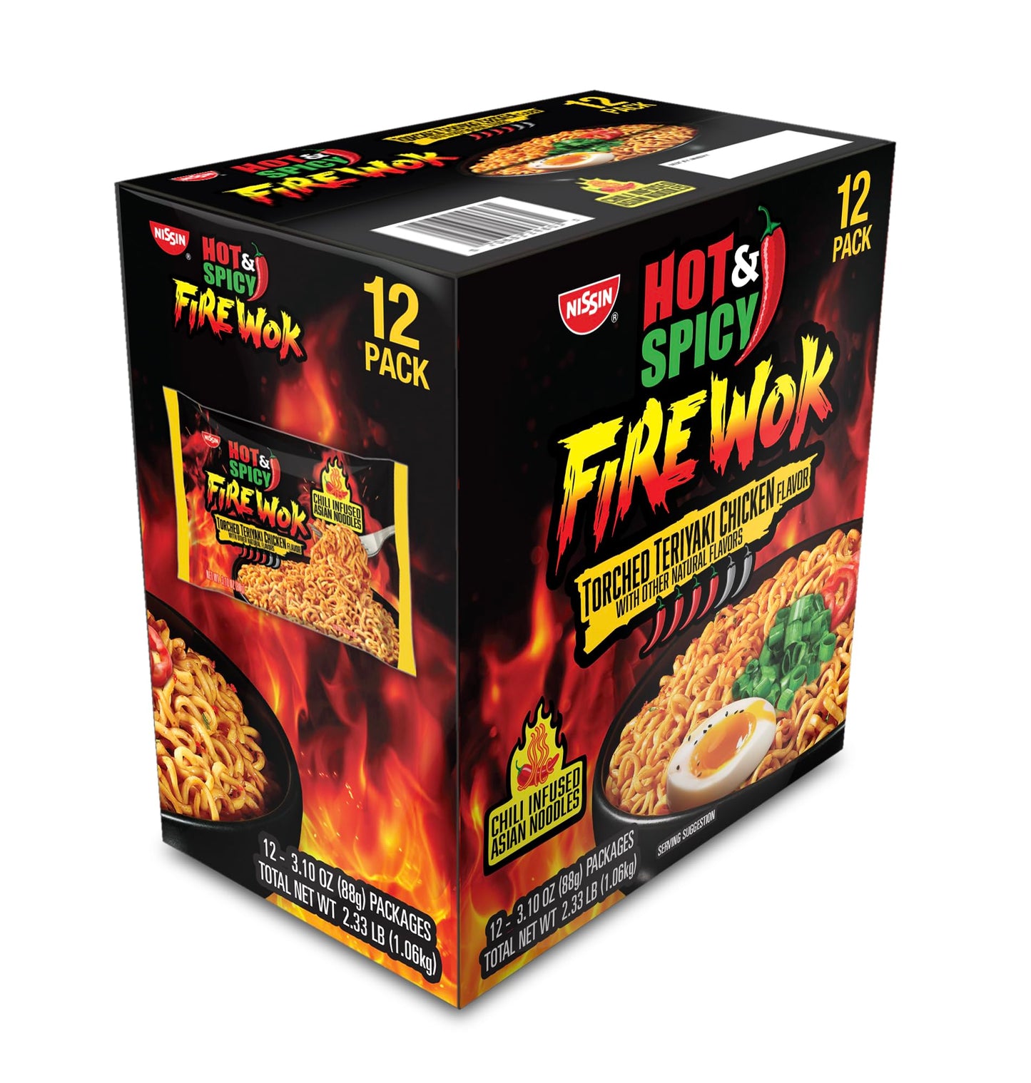 Nissin Fire Wok, Torched Teriyaki Chicken, Hot & Spicy Chile Infused Asian Noodles, 12 Pack