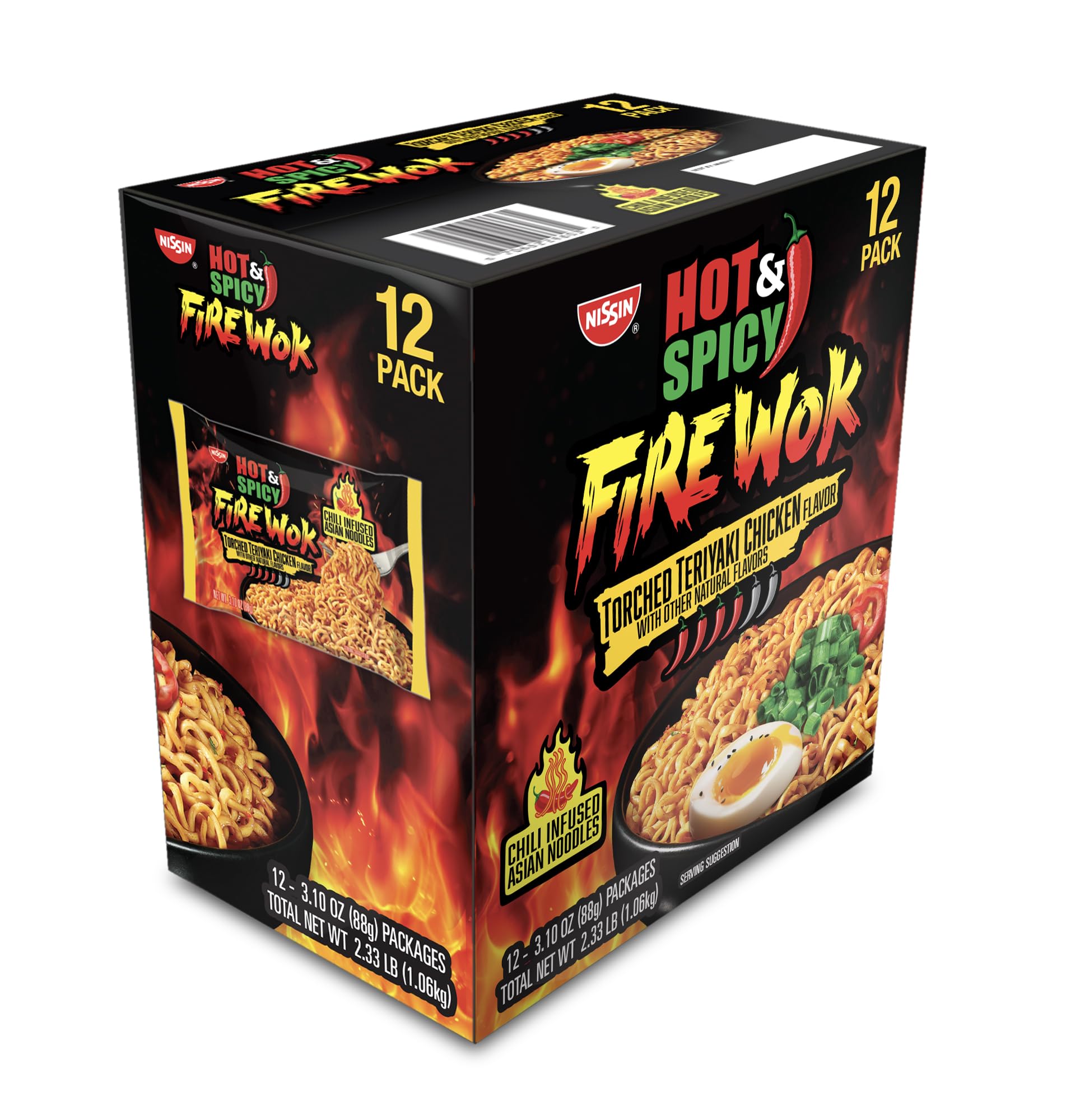 Nissin Fire Wok, Torched Teriyaki Chicken, Hot & Spicy Chile Infused Asian Noodles, 12 Pack