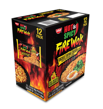 Nissin Fire Wok, Torched Teriyaki Chicken, Hot & Spicy Chile Infused Asian Noodles, 12 Pack