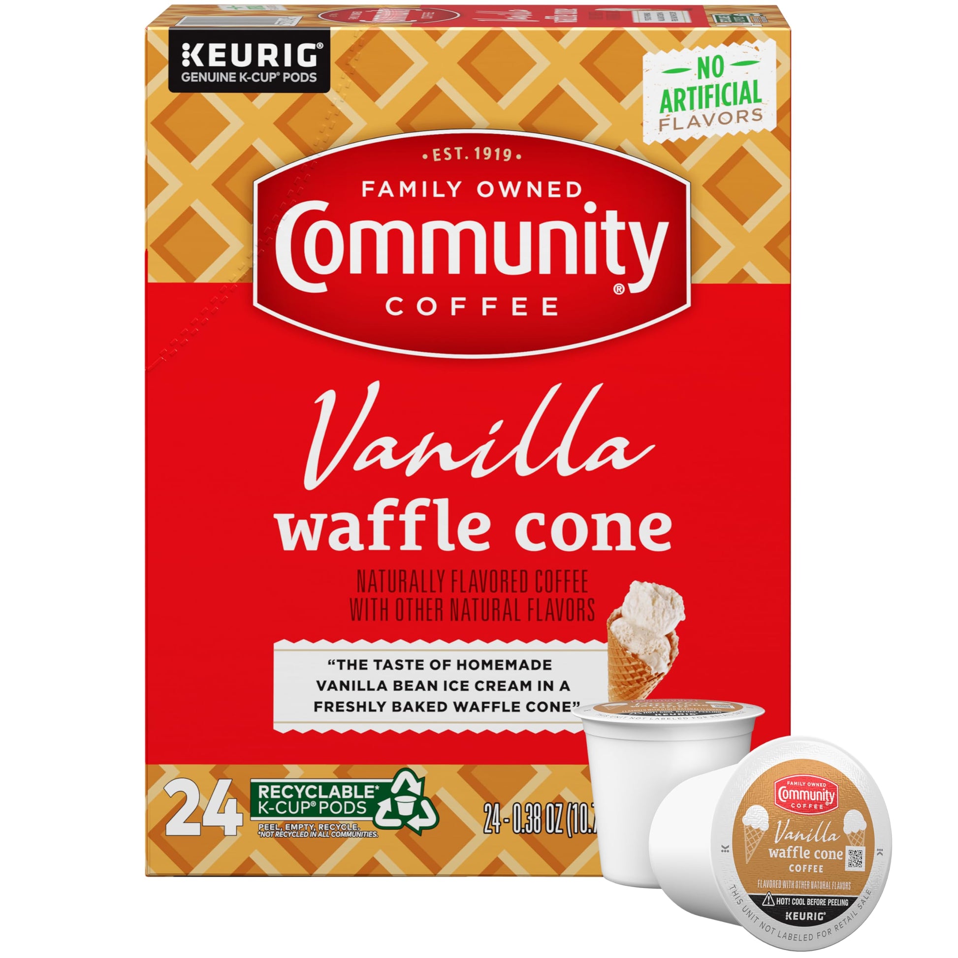 Community Coffee Ice Cream Flavored Coffee Pods, Vanilla Waffle Cone, 24 Count, Compatible with Keurig 2.0