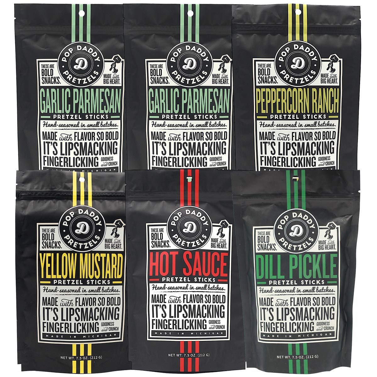 Pop Daddy Flavored Pretzels Sticks, Healthy Gourmet Pretzels, 7.5oz Variety Pack, 6 Pack, Garlic Parm (2), Peppercorn ranch (1),