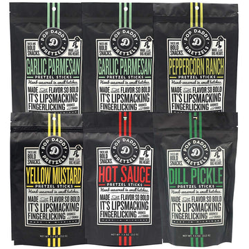 Pop Daddy Flavored Pretzels Sticks, Healthy Gourmet Pretzels, 7.5oz Variety Pack, 6 Pack, Garlic Parm (2), Peppercorn ranch (1),