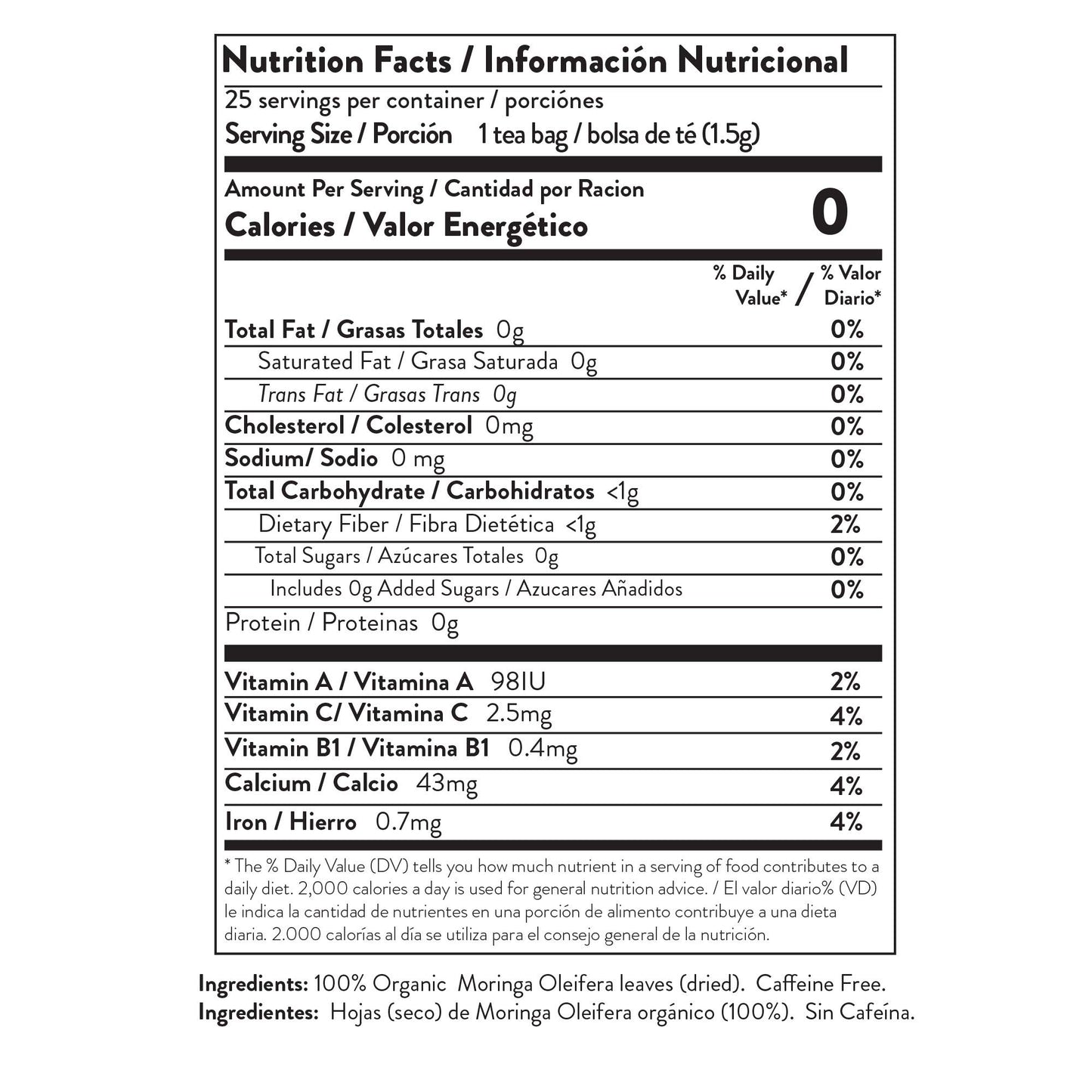 Tree Organic Moringa Superfood Tea - 25 Individually Sealed Bags, Vegan, Gluten-Free, Caffeine-Free, 1 Count
