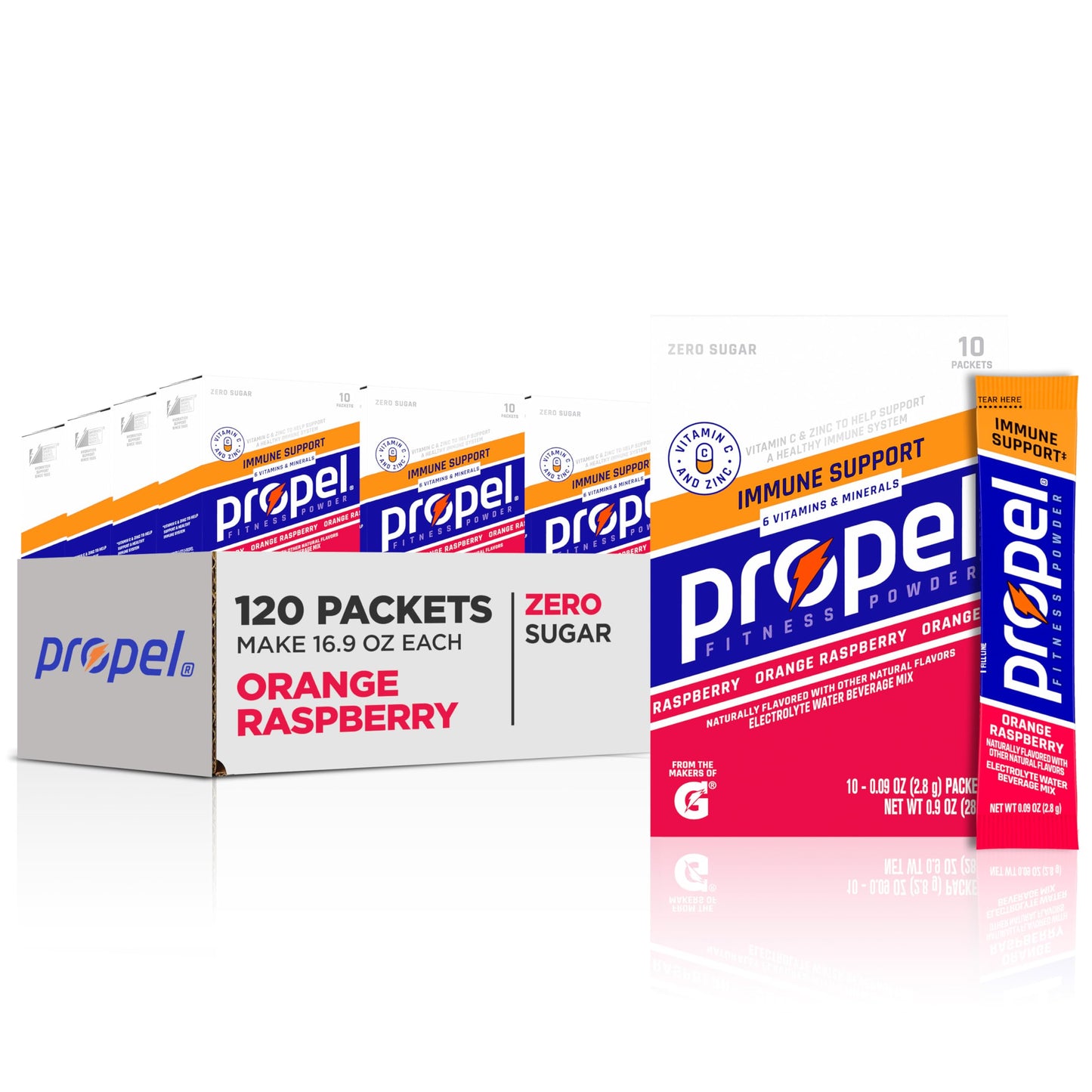 Propel Immune Support Powder Packets, Vitamin C + Zinc, Orange Raspberry, 2.5g Each, 10 Count (Pack of 12)