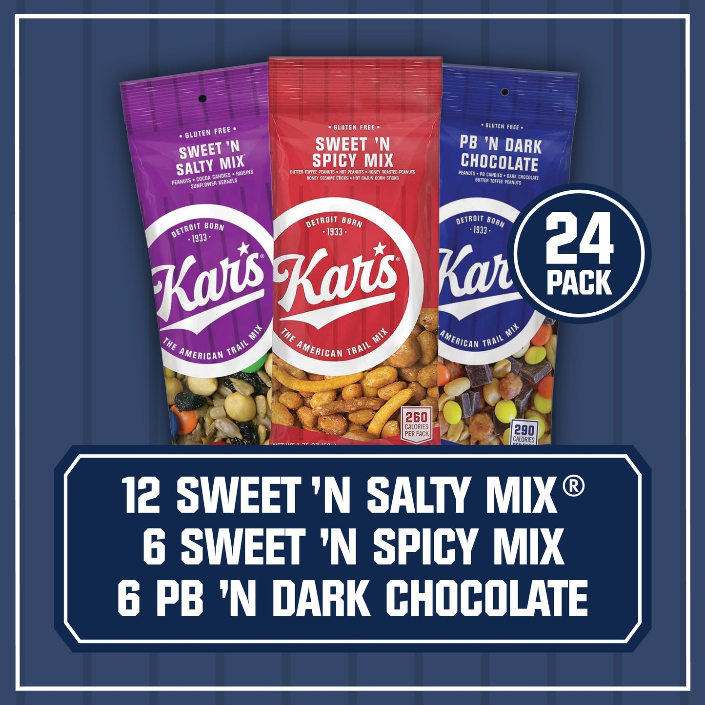 Kars Nuts Sweet N Salty Trail Mix Variety Pack, Pack of 24 - Sweet N Salty, Sweet N Spicy, Peanut Butter N Dark Chocolate - Indi