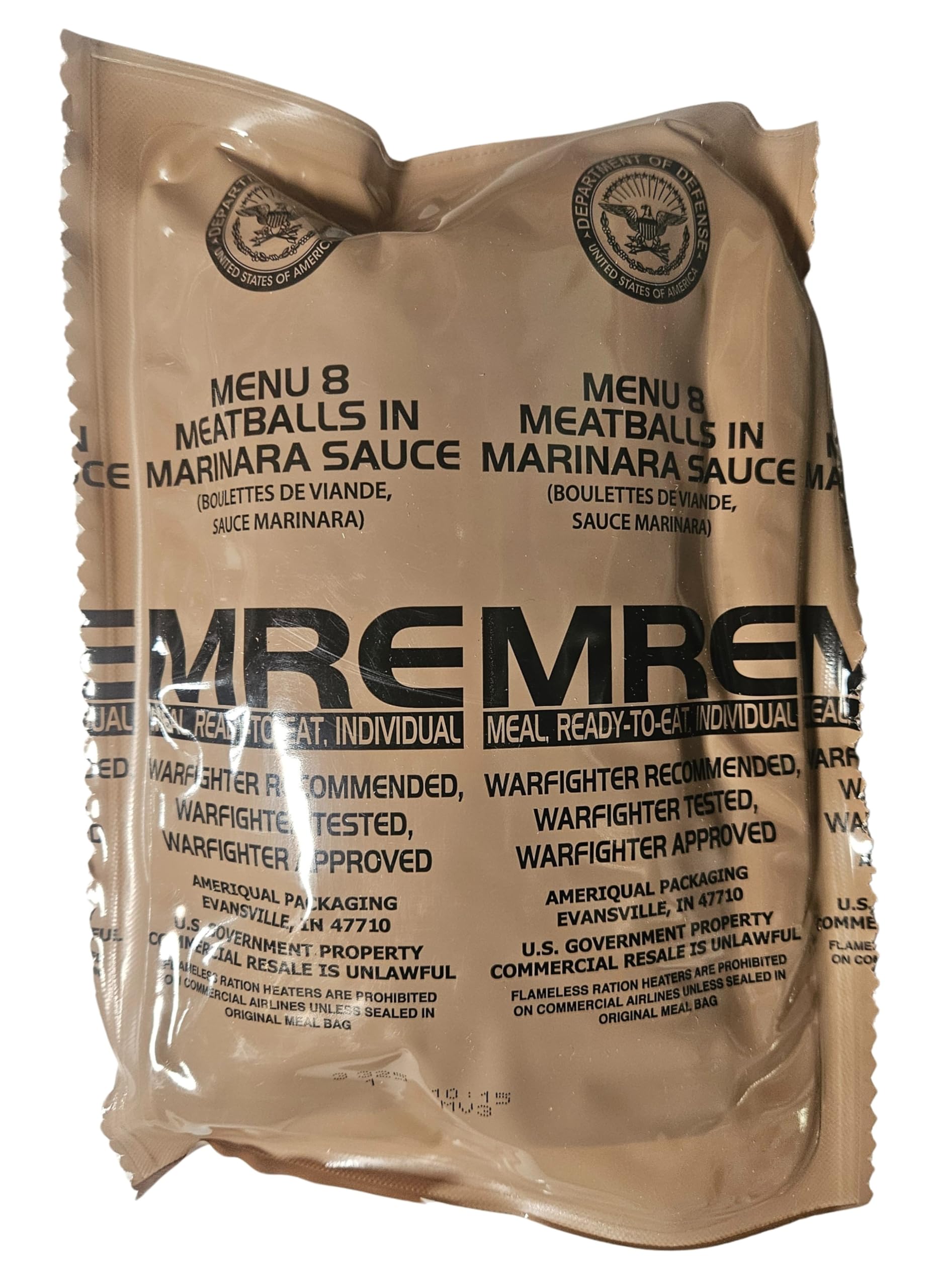 EPIDEMIC PROOF Genuine USGI MRE Meal Ready to Eat with Meatballs in Marinara, 1.5 lbs, Inspection Date 01/2026 or Newer, New Packaging
