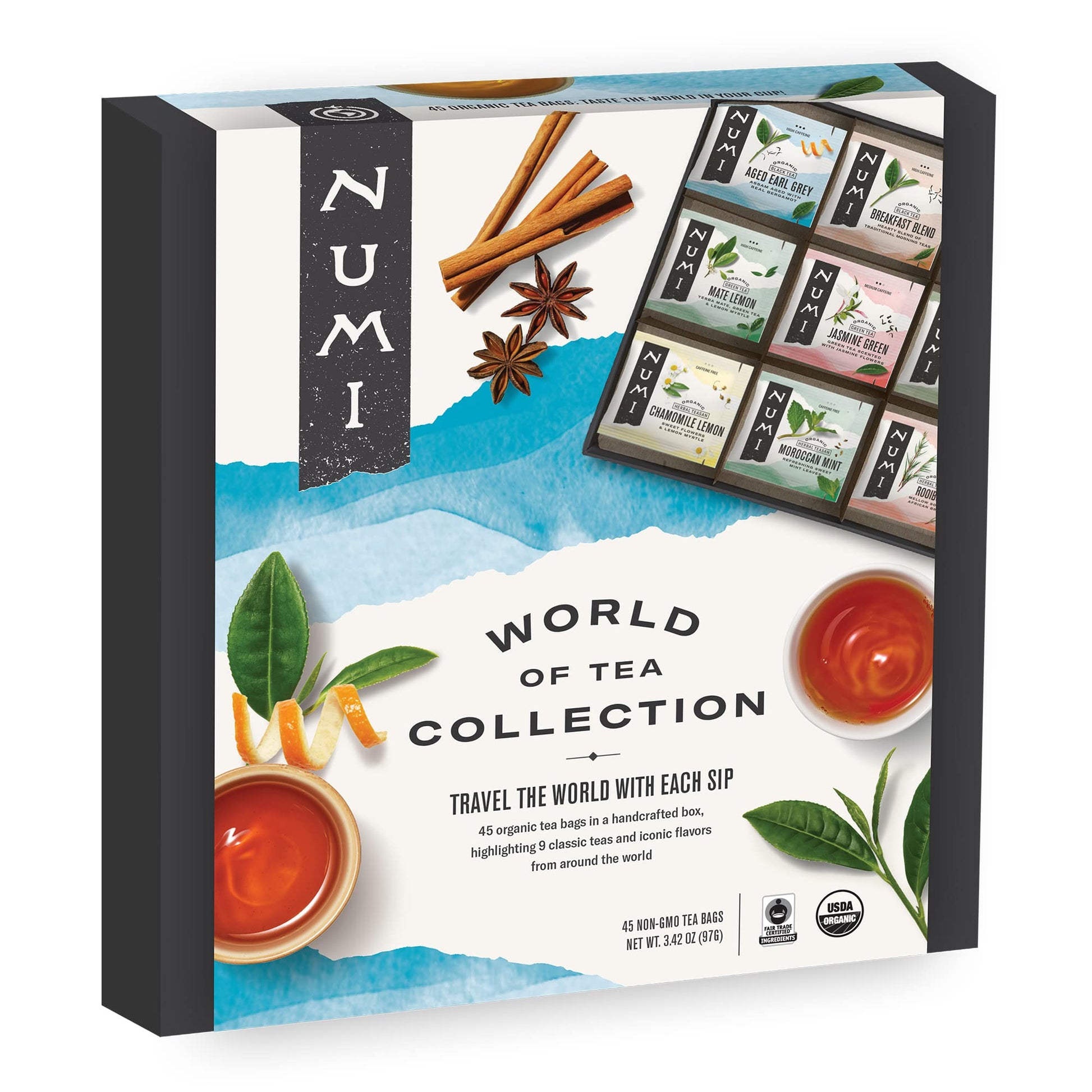 Numi Organic Tea World Of Tea Gift Set, 45 Tea Bags, Fair Trade Black, Green, Mat  , Rooibos & Herbal Tea Sampler