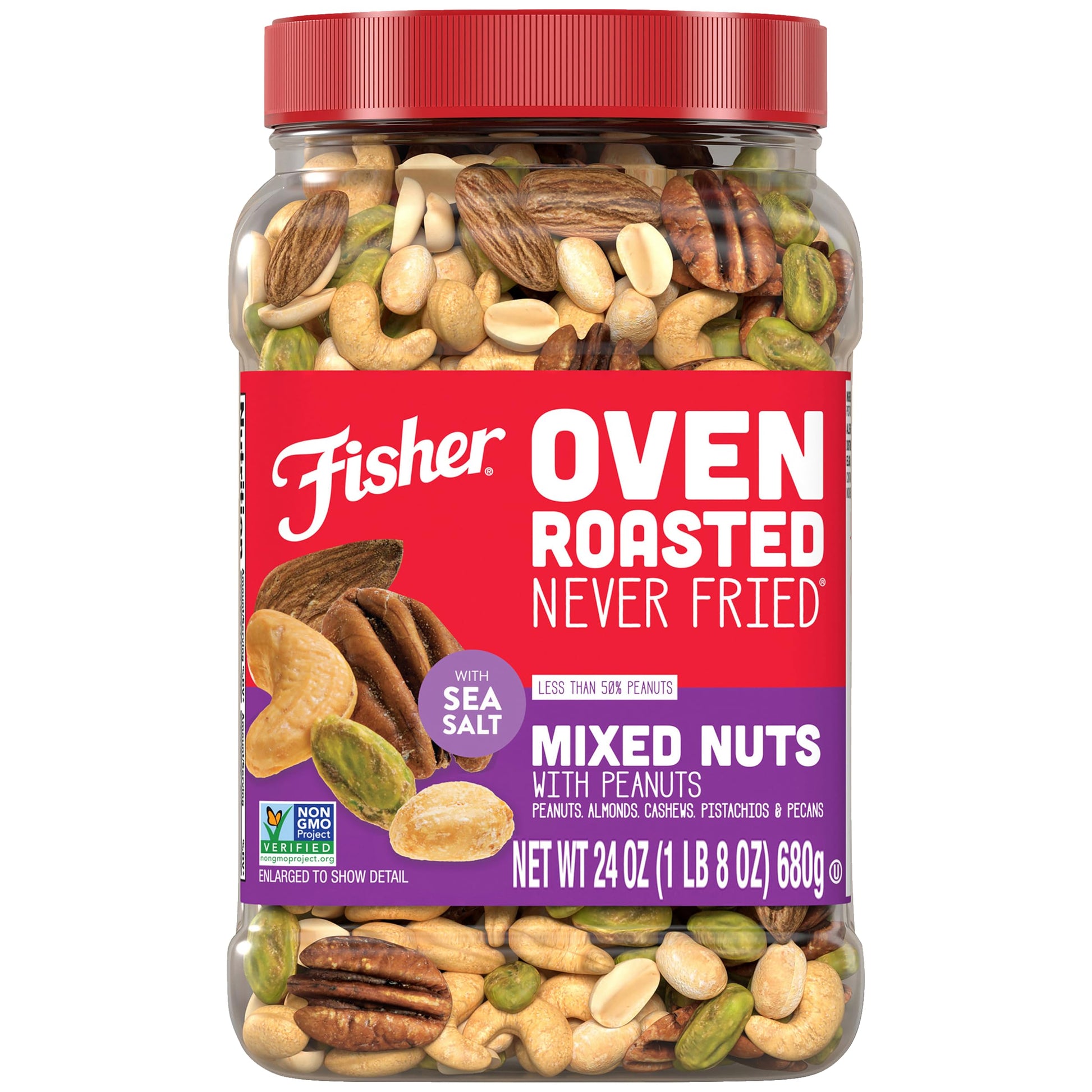 Fisher Mixed Nuts, Oven Roasted, Non-GMO, 24 Ounces, Peanuts, Almonds, Cashews, Pistachios, Pecans, Sea Salt