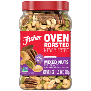 Fisher Mixed Nuts, Oven Roasted, Non-GMO, 24 Ounces, Peanuts, Almonds, Cashews, Pistachios, Pecans, Sea Salt