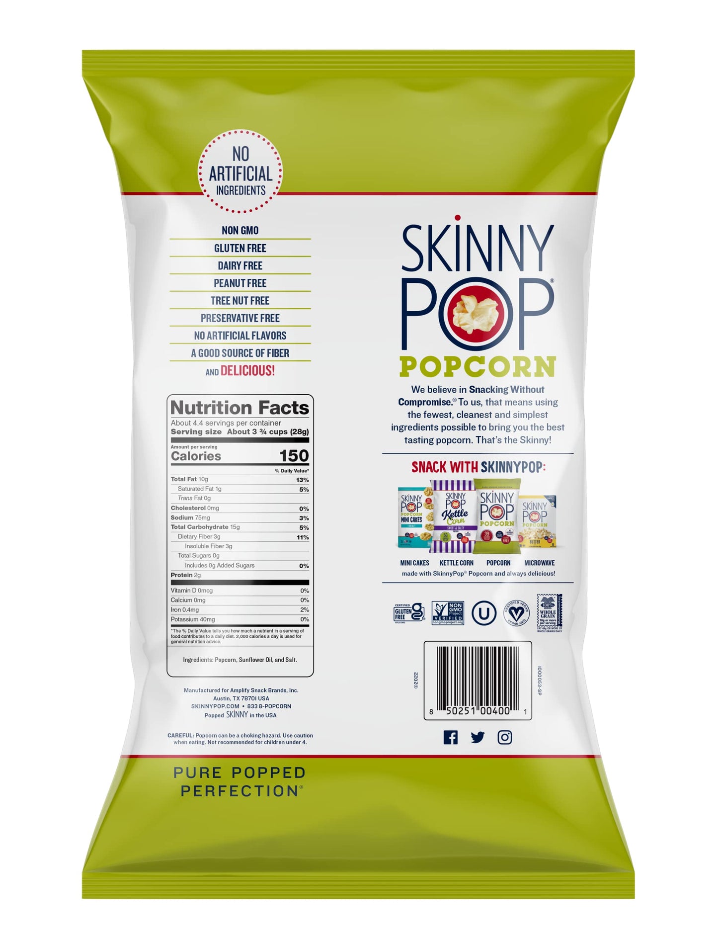 Skinnypop Popcorn, Gluten Free, Dairy Free, Non-Gmo, Healthy Snacks, Skinny Pop Original Popcorn, 4.4Oz Grocery Size Snack Bags