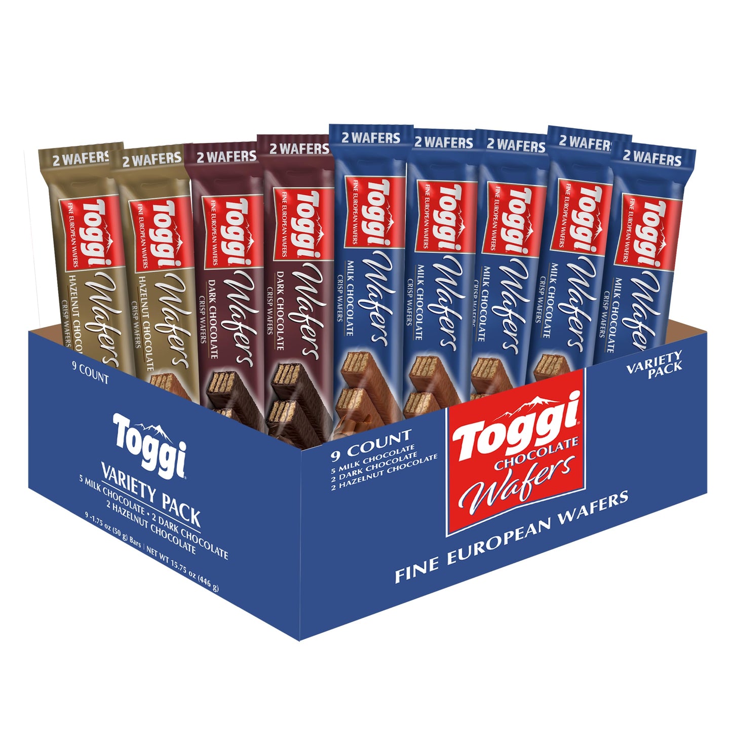 Toggi Fine European Chocolate Wafers Snack Box, Milk & Dark Chocolate, Hazelnut, 1.75 oz, 9 Count