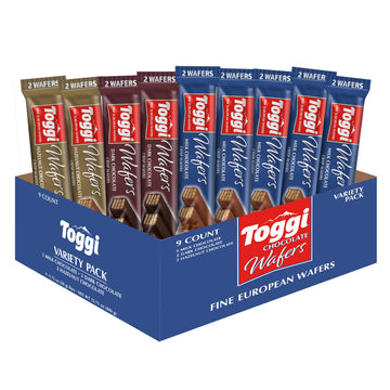 Toggi Fine European Chocolate Wafers Snack Box, Milk & Dark Chocolate, Hazelnut, 1.75 oz, 9 Count