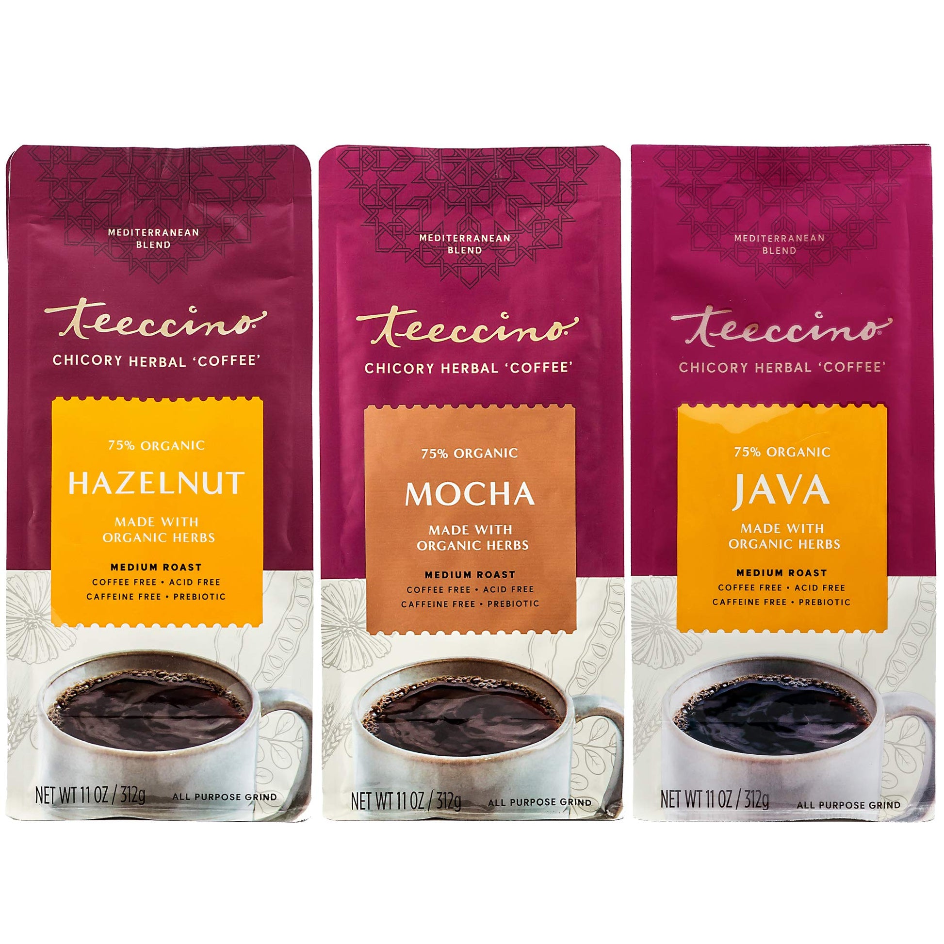Teeccino Herbal Coffee Variety Pack - Hazelnut, Mocha, Java - Caffeine-Free, Dark Roast - 11 Ounce (Pack of 3)