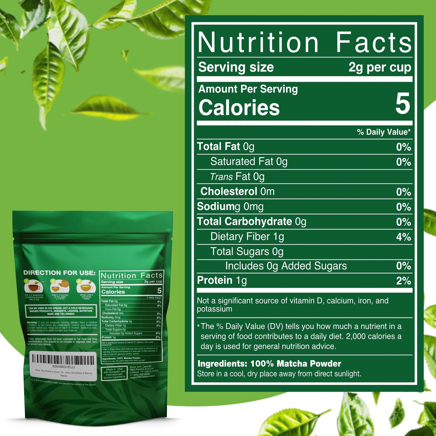 Organic Matcha Green Tea Powder (4-Oz) – Certified Usda Organic Powder For Matcha Latte, Tea, And Smoothies – Kosher, Non-Gmo, Antioxidant Rich Fruit Tea By Total Tea