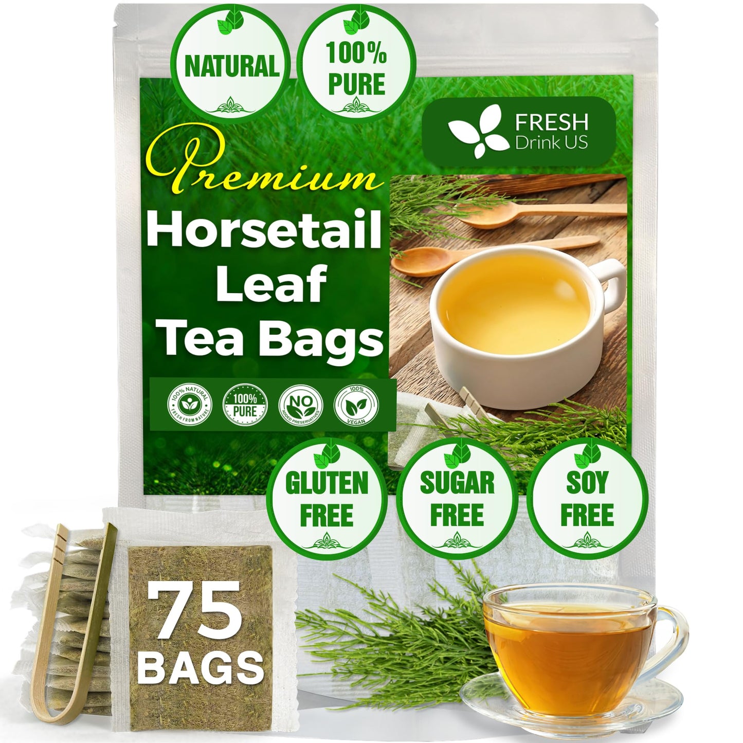 FRESHDRINKUS Horsetail Leaf Tea Bags, 100% Natural Herbal Tea, 75 Bags, Vegan, No Caffeine, No Sugar
