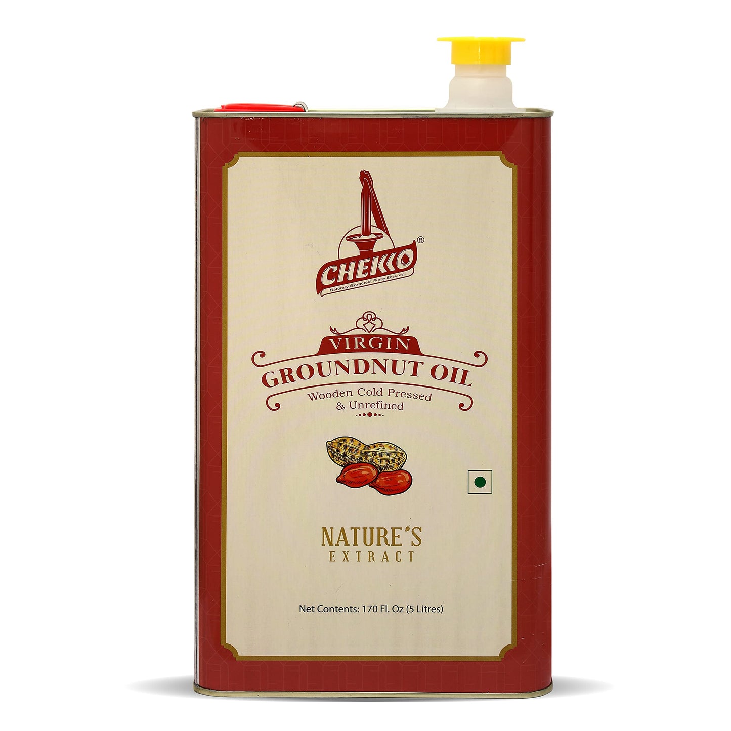Chekko Kachi Ghani Cold Pressed Virgin 5L Groundnut/Peanut Oil | 100% Natural, Pure & Wood Pressed 5 Litre for Cooking