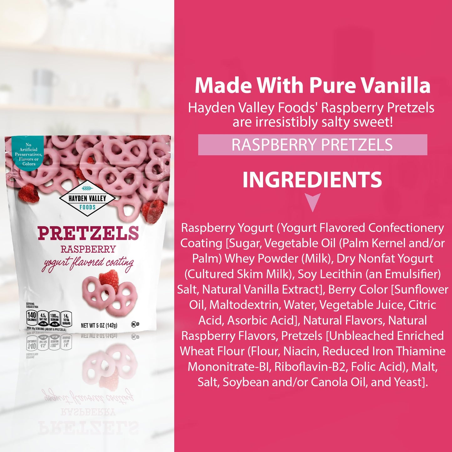 Hayden Valley Foods Raspberry Yogurt Covered Pretzels - Pack of 3 - No Artificial Flavors or Preservatives - 5 oz Bags