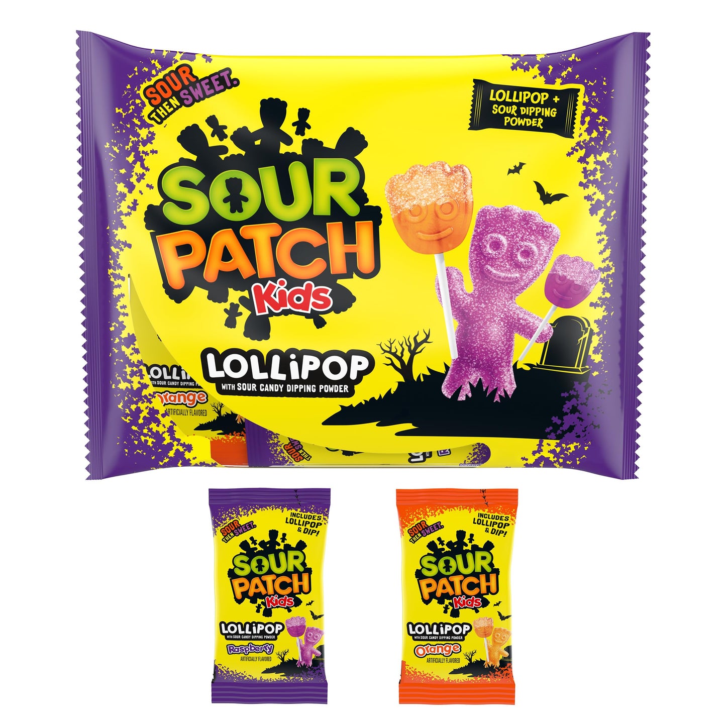 SOUR PATCH KIDS Orange & Purple Halloween Candy Lollipops with Sour Candy Dipping Powder, 20 Lollipops